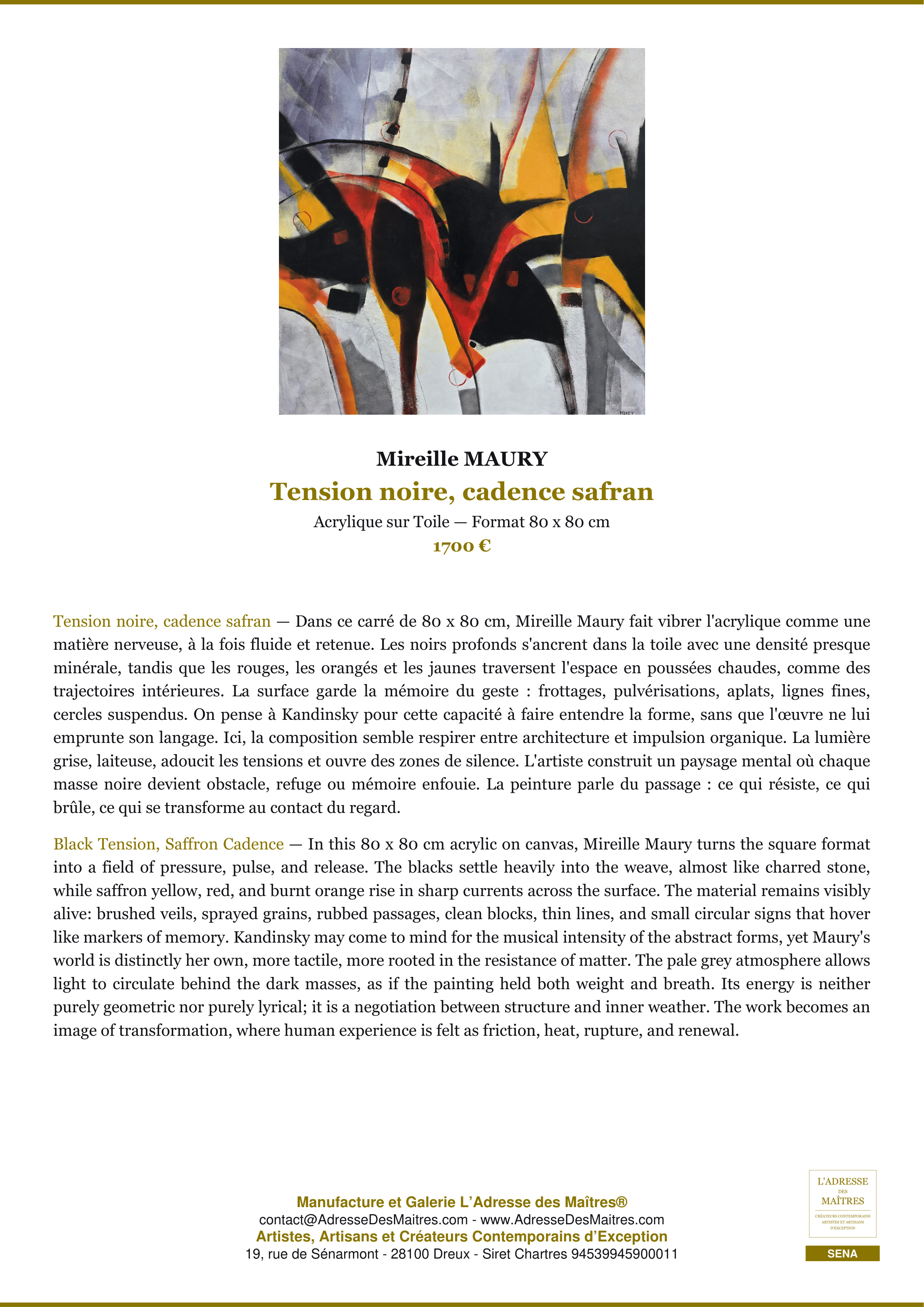 Fiche Premium — Tension noire, cadence safran — Mireille MAURY — L'Adresse des Maîtres®