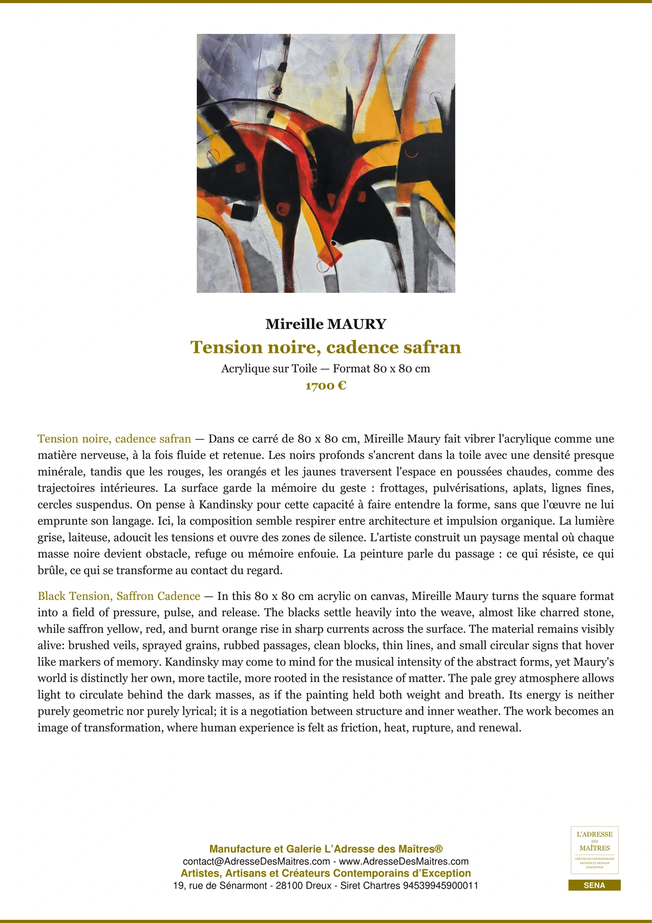 Fiche Premium — Tension noire, cadence safran — Mireille MAURY — L'Adresse des Maîtres®
