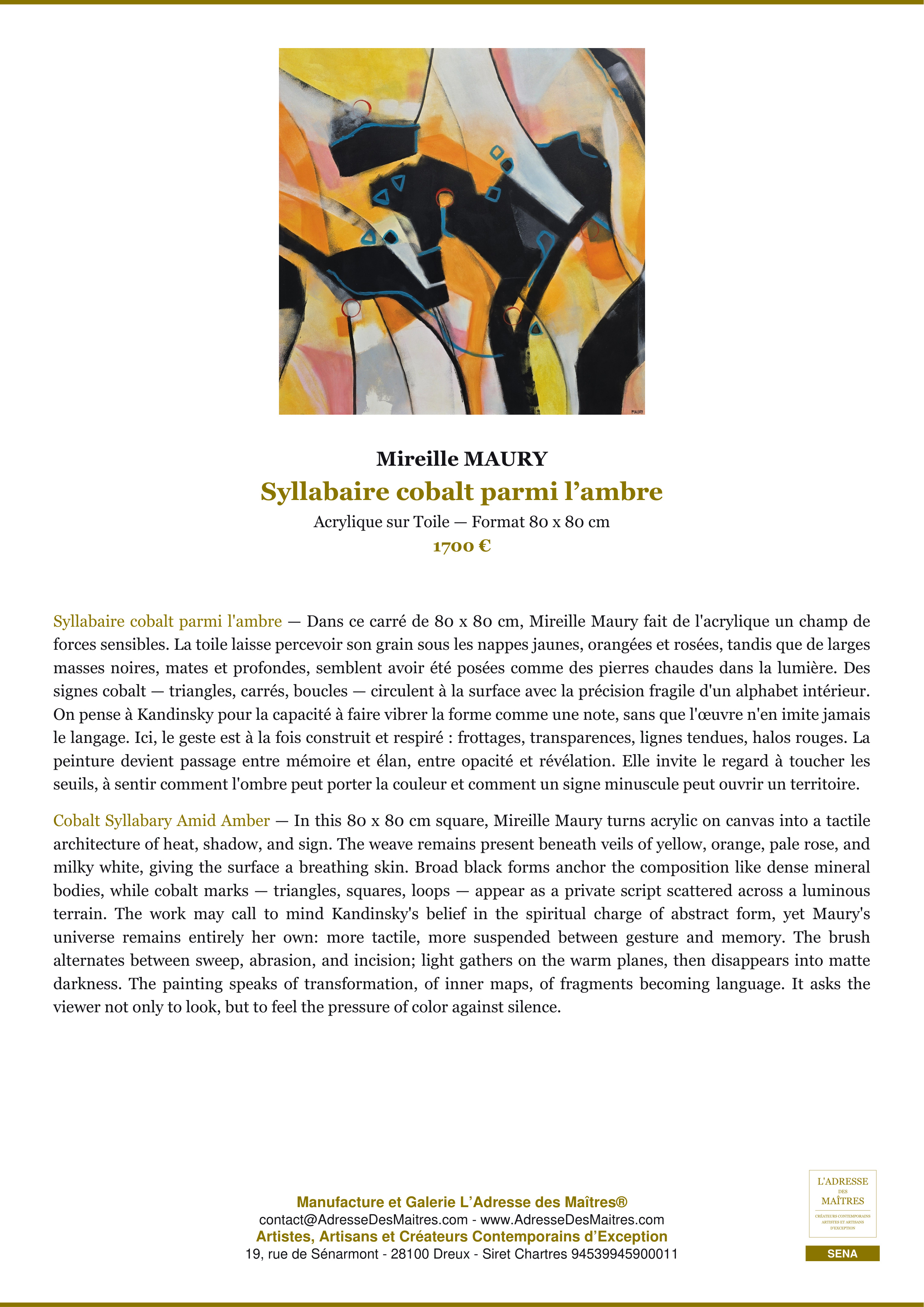 Fiche Premium — Syllabaire cobalt parmi l’ambre — Mireille MAURY — L'Adresse des Maîtres®