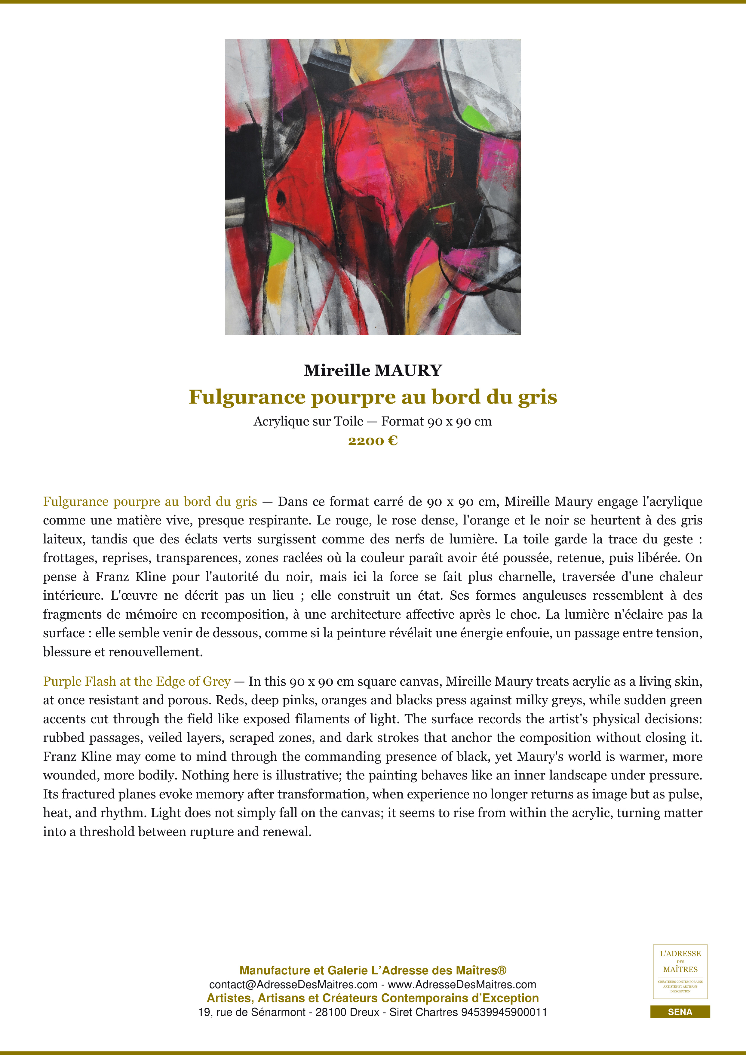 Fiche Premium — Fulgurance pourpre au bord du gris — Mireille MAURY — L'Adresse des Maîtres®