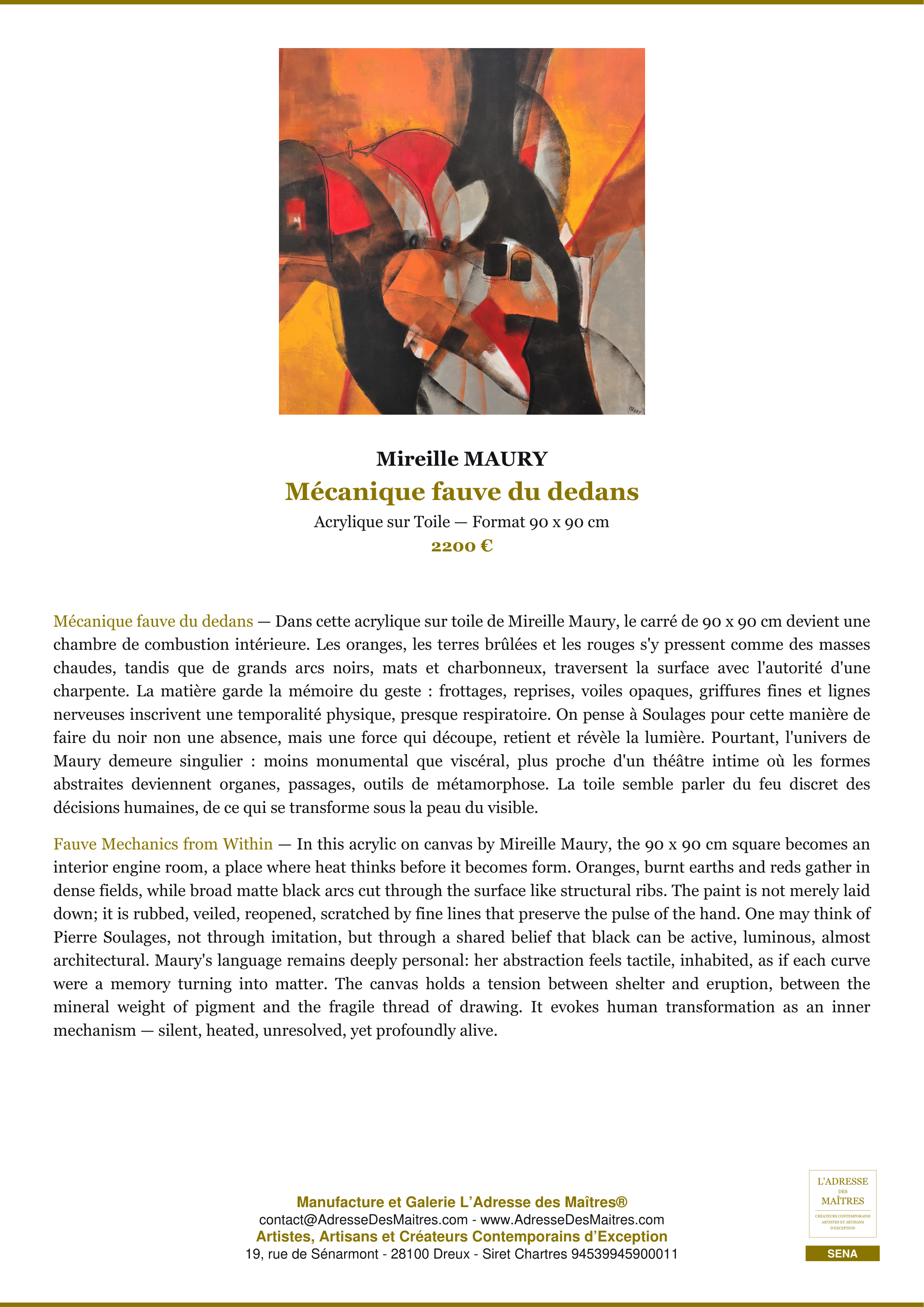 Fiche Premium — Mécanique fauve du dedans — Mireille MAURY — L'Adresse des Maîtres®