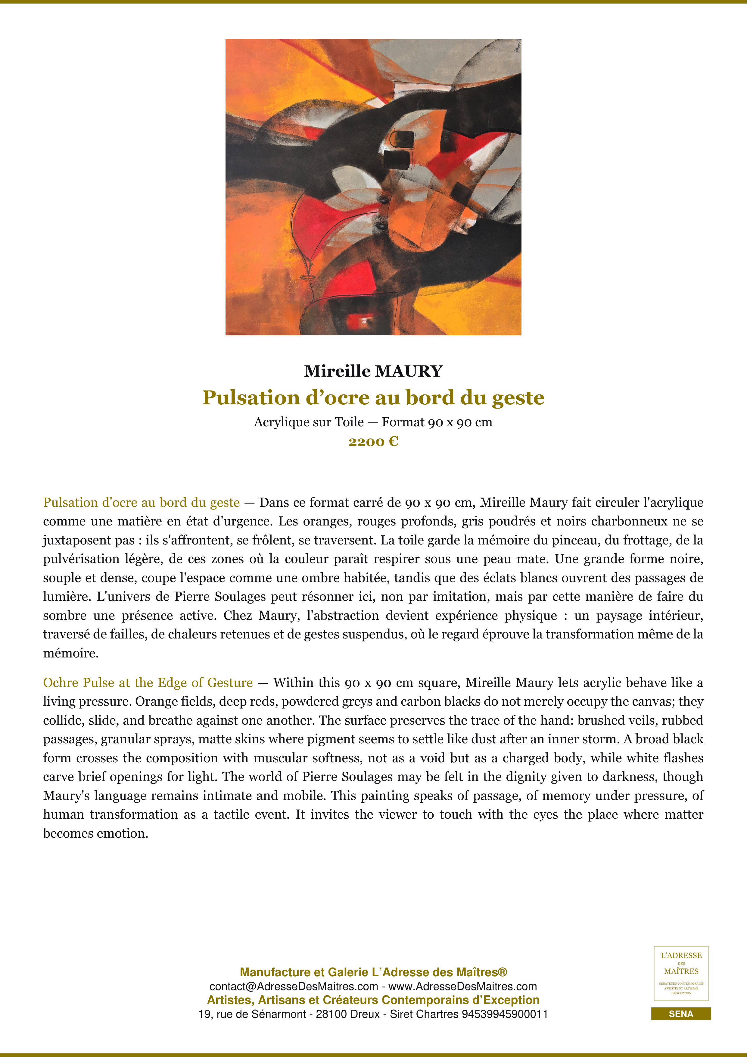 Fiche Premium — Pulsation d’ocre au bord du geste — Mireille MAURY — L'Adresse des Maîtres®