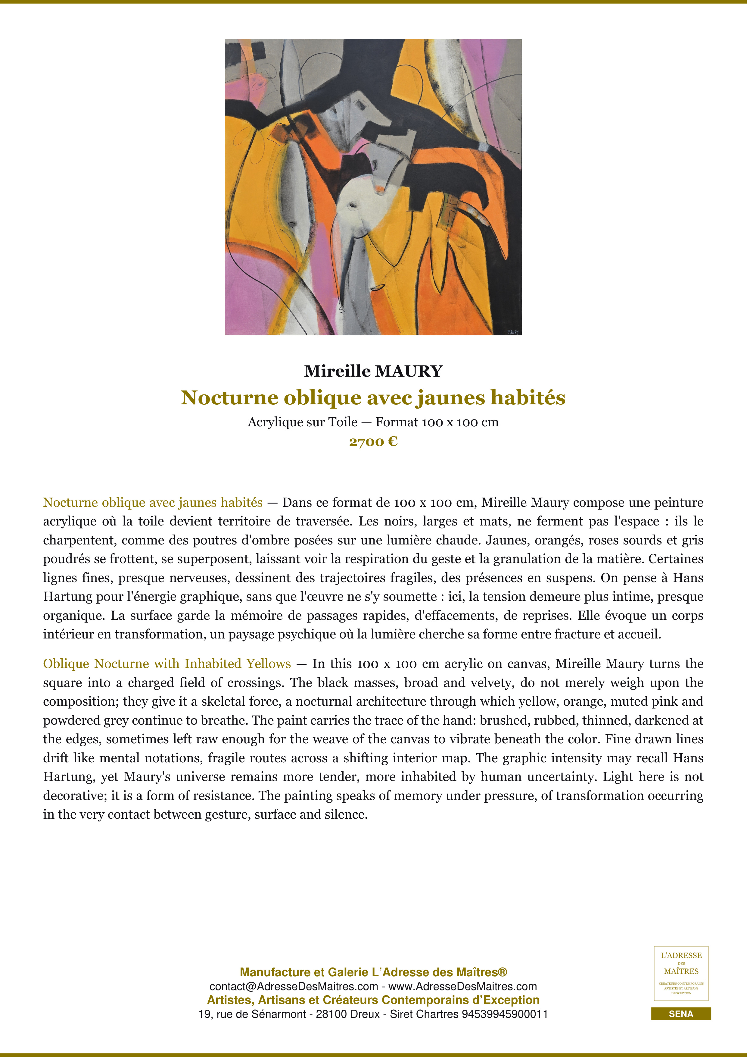 Fiche Premium — Nocturne oblique avec jaunes habités — Mireille MAURY — L'Adresse des Maîtres®