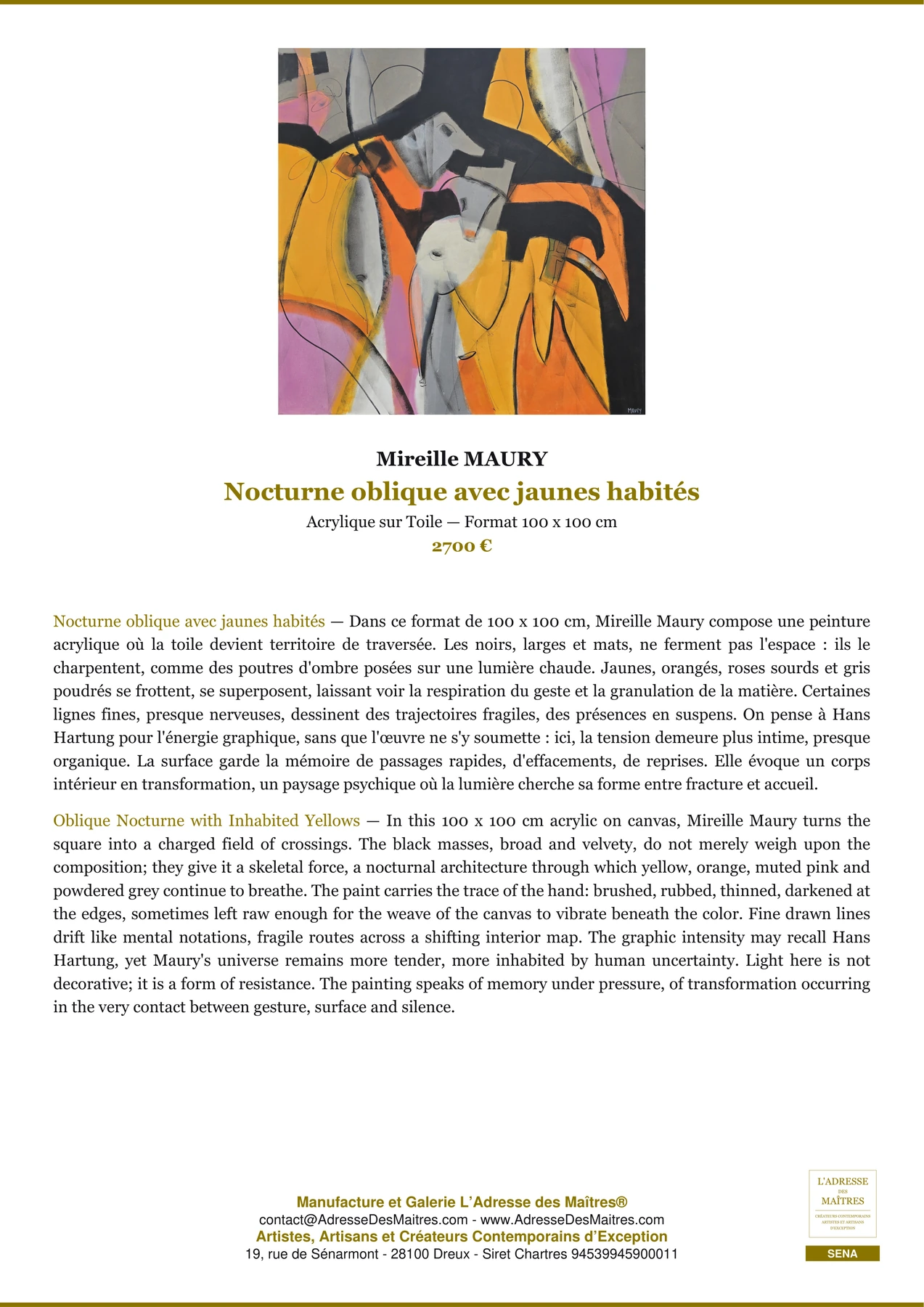 Fiche Premium — Nocturne oblique avec jaunes habités — Mireille MAURY — L'Adresse des Maîtres®