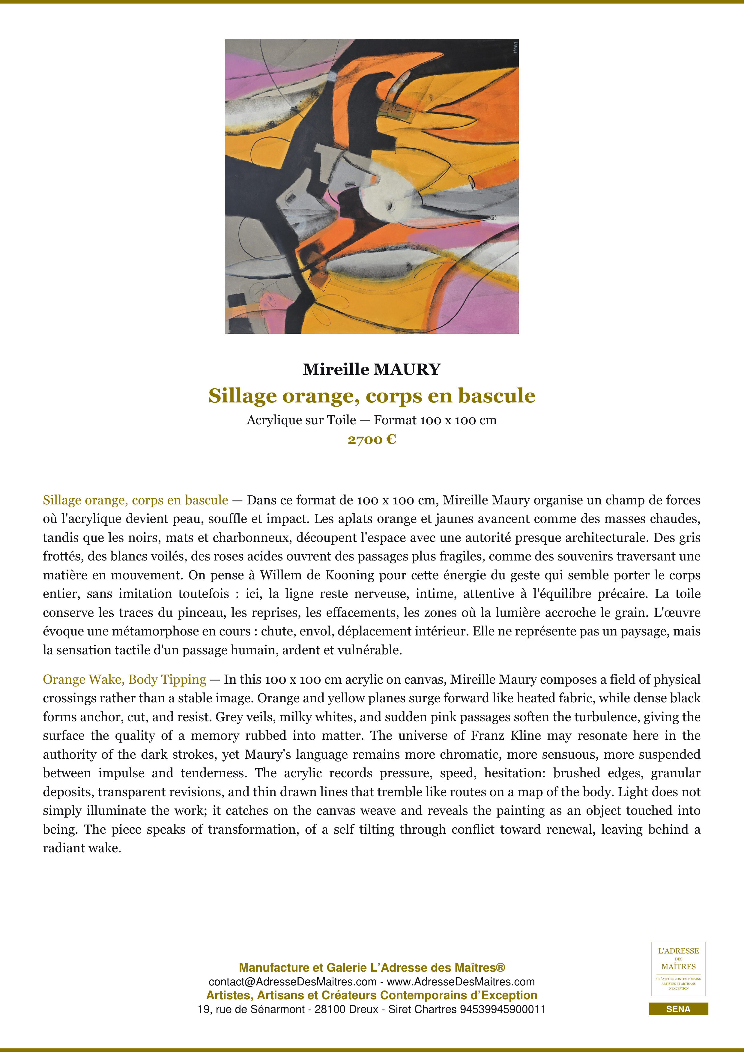 Fiche Premium — Sillage orange, corps en bascule — Mireille MAURY — L'Adresse des Maîtres®