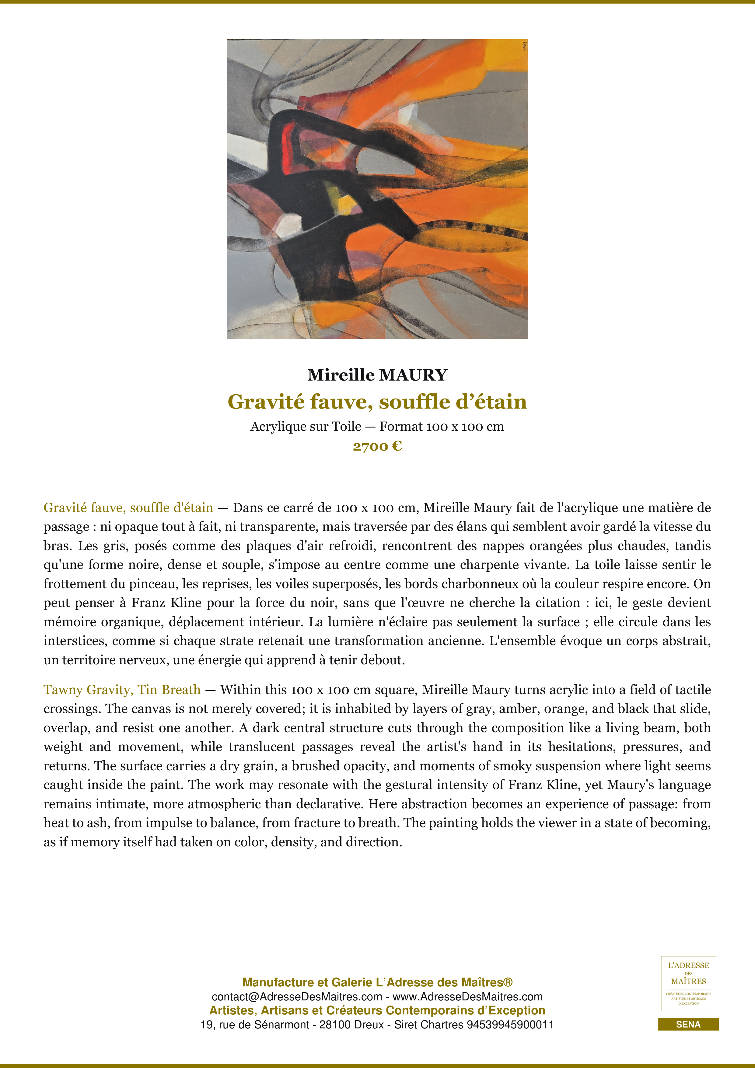 Fiche Premium — Gravité fauve, souffle d’étain — Mireille MAURY — L'Adresse des Maîtres®