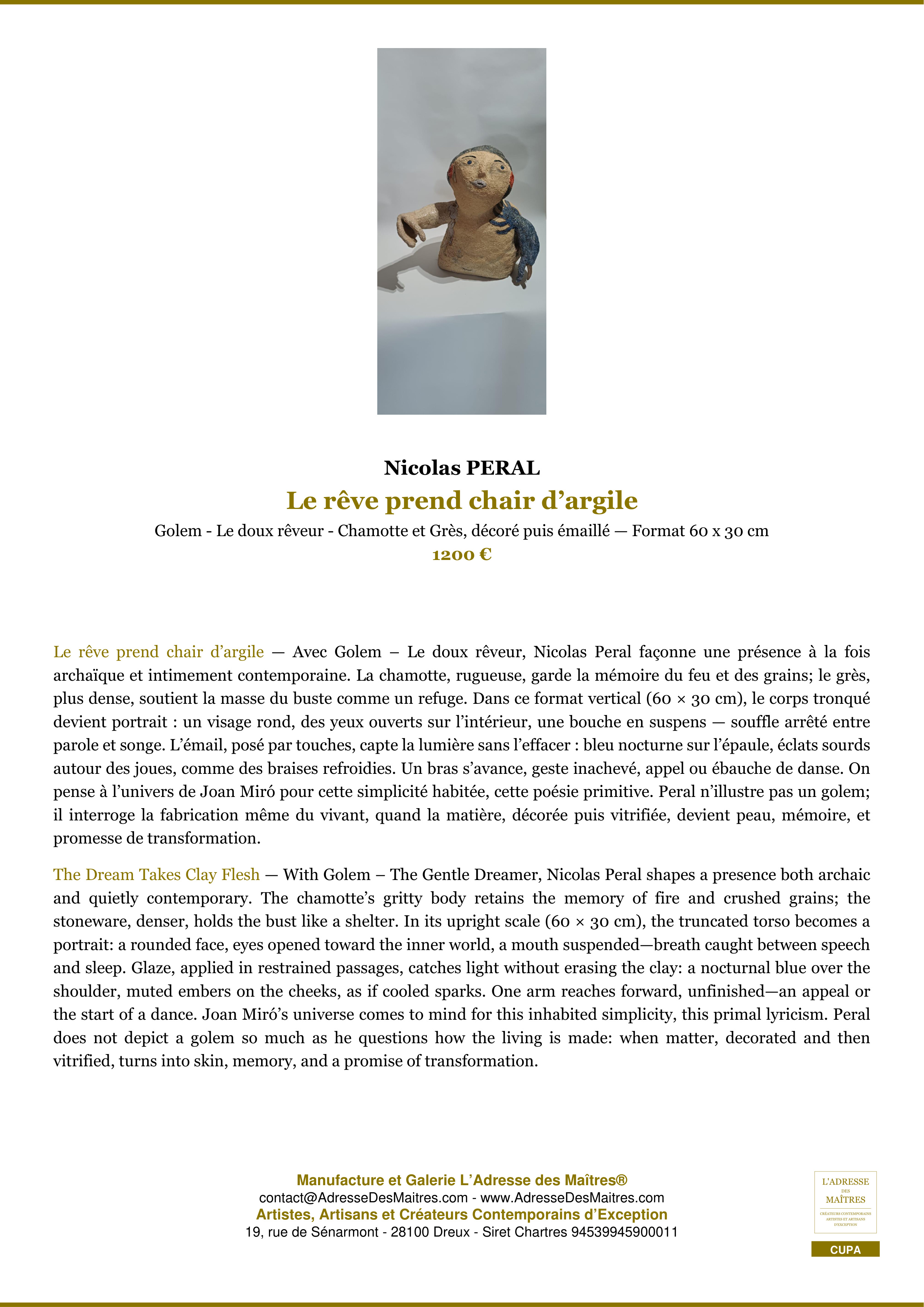 Fiche Premium — Le rêve prend chair d’argile — Nicolas PERAL — L'Adresse des Maîtres®