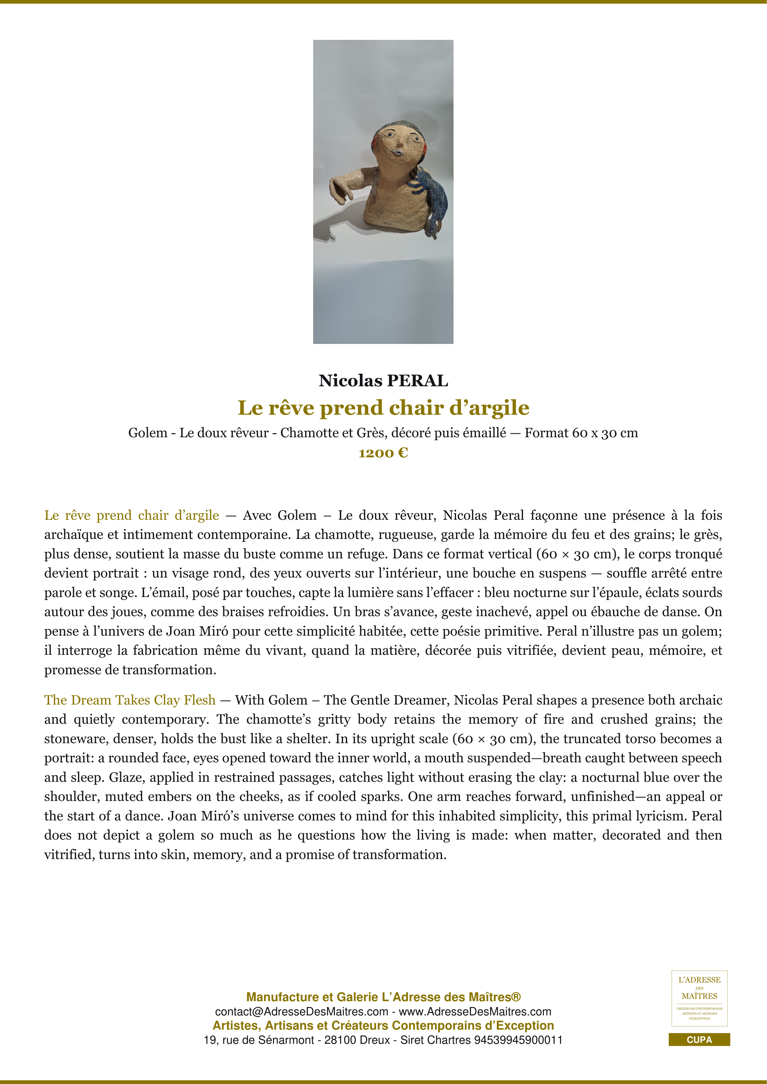 Fiche Premium — Le rêve prend chair d’argile — Nicolas PERAL — L'Adresse des Maîtres®