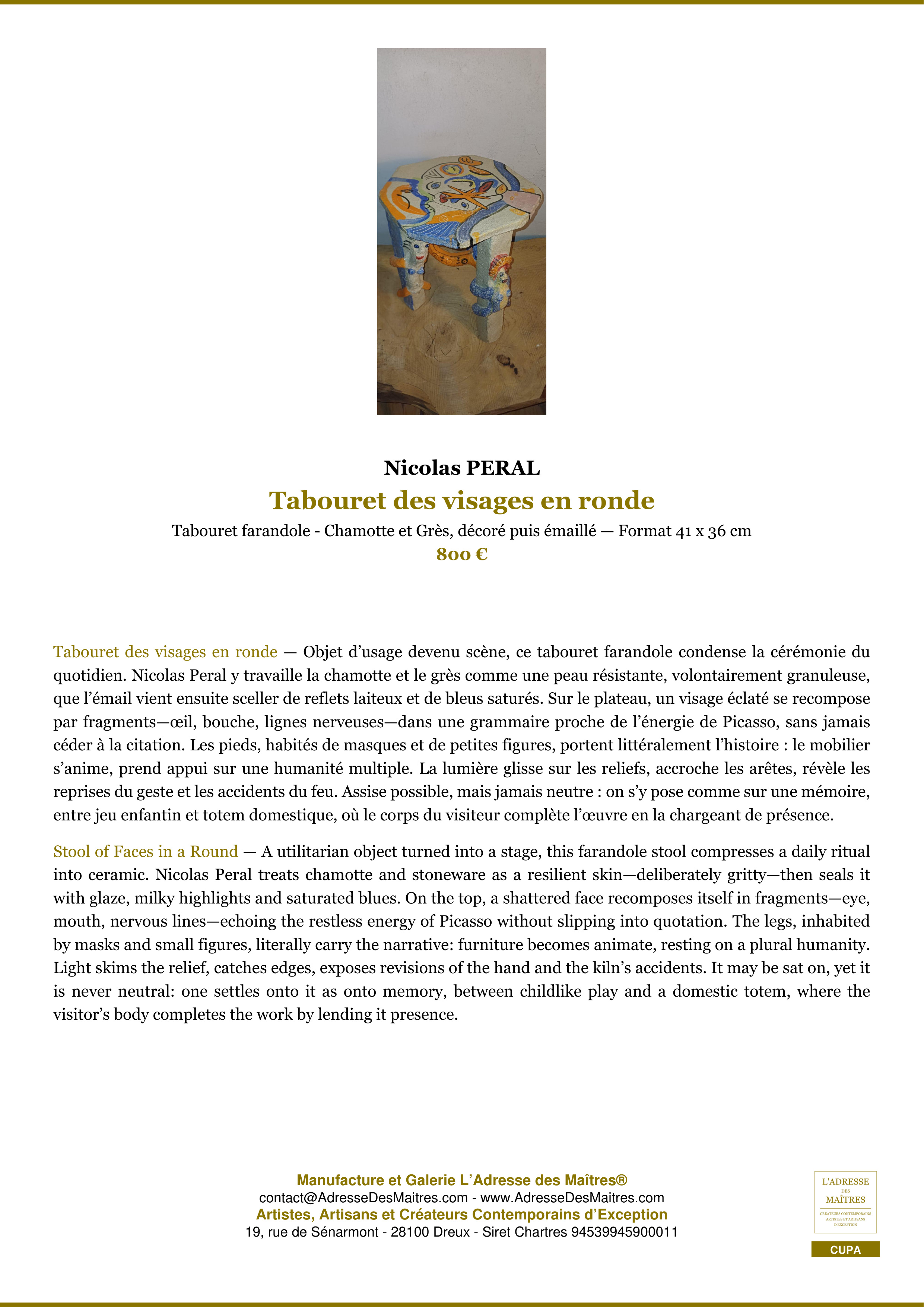 Fiche Premium — Tabouret des visages en ronde — Nicolas PERAL — L'Adresse des Maîtres®