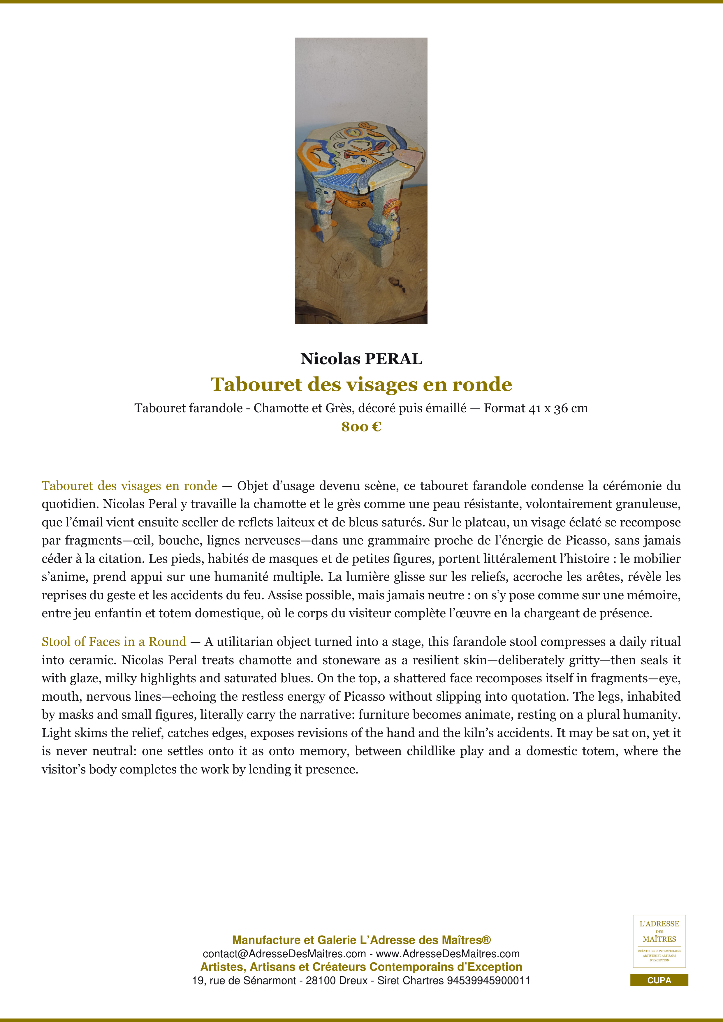 Fiche Premium — Tabouret des visages en ronde — Nicolas PERAL — L'Adresse des Maîtres®