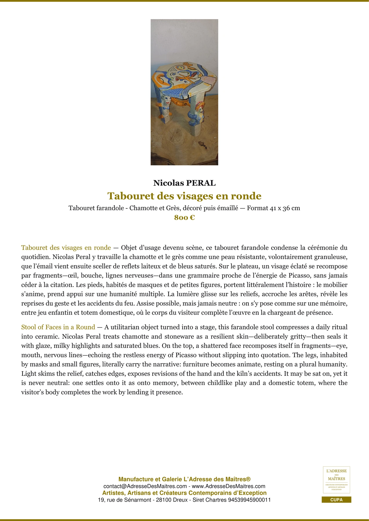 Tabouret des visages en ronde — Fiche Premium, Tabouret farandole - Chamotte et Grès, décoré puis émaillé 41 x 36 cm, Nicolas PERAL