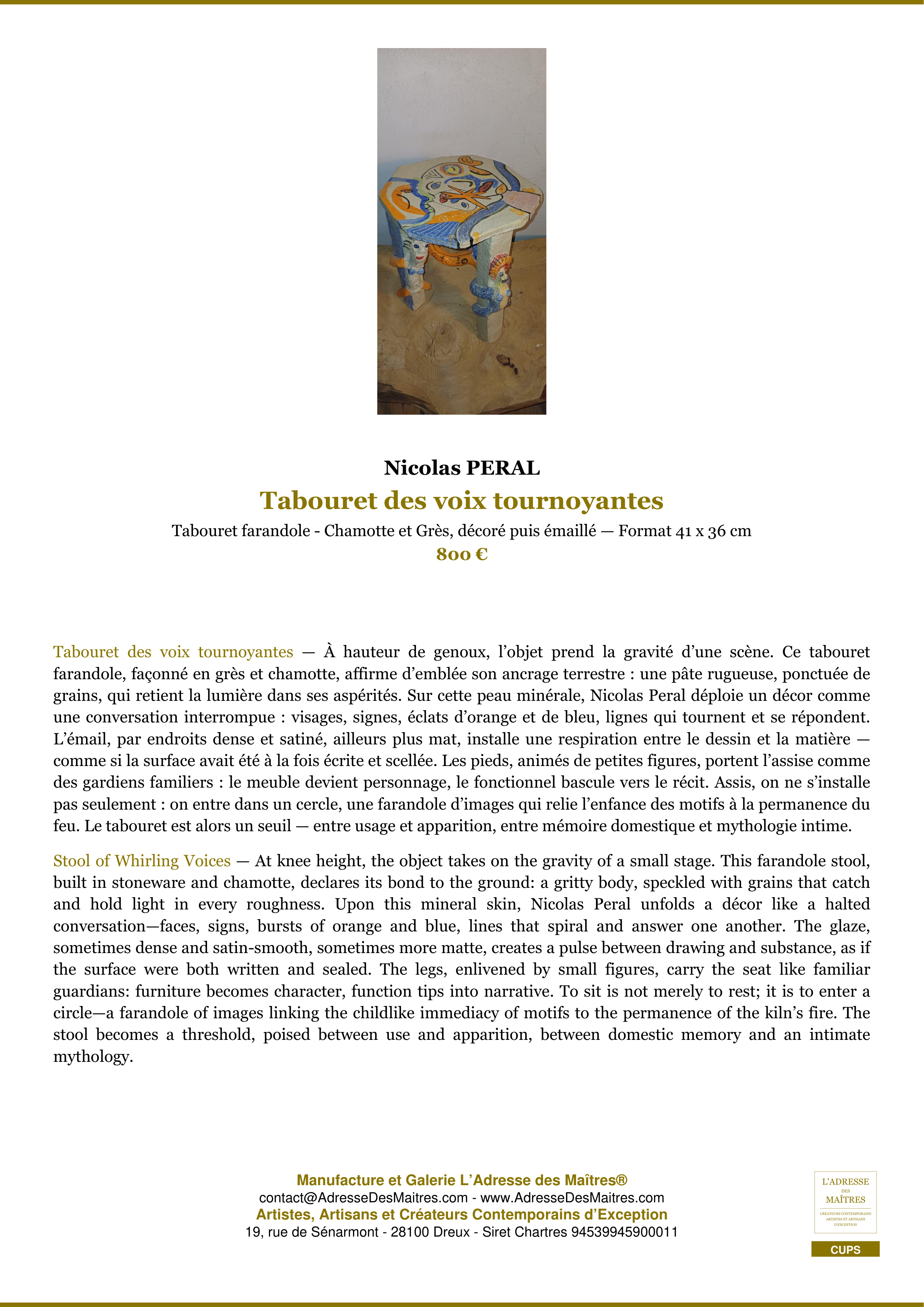 Fiche Premium — Tabouret des voix tournoyantes — Nicolas PERAL — L'Adresse des Maîtres®