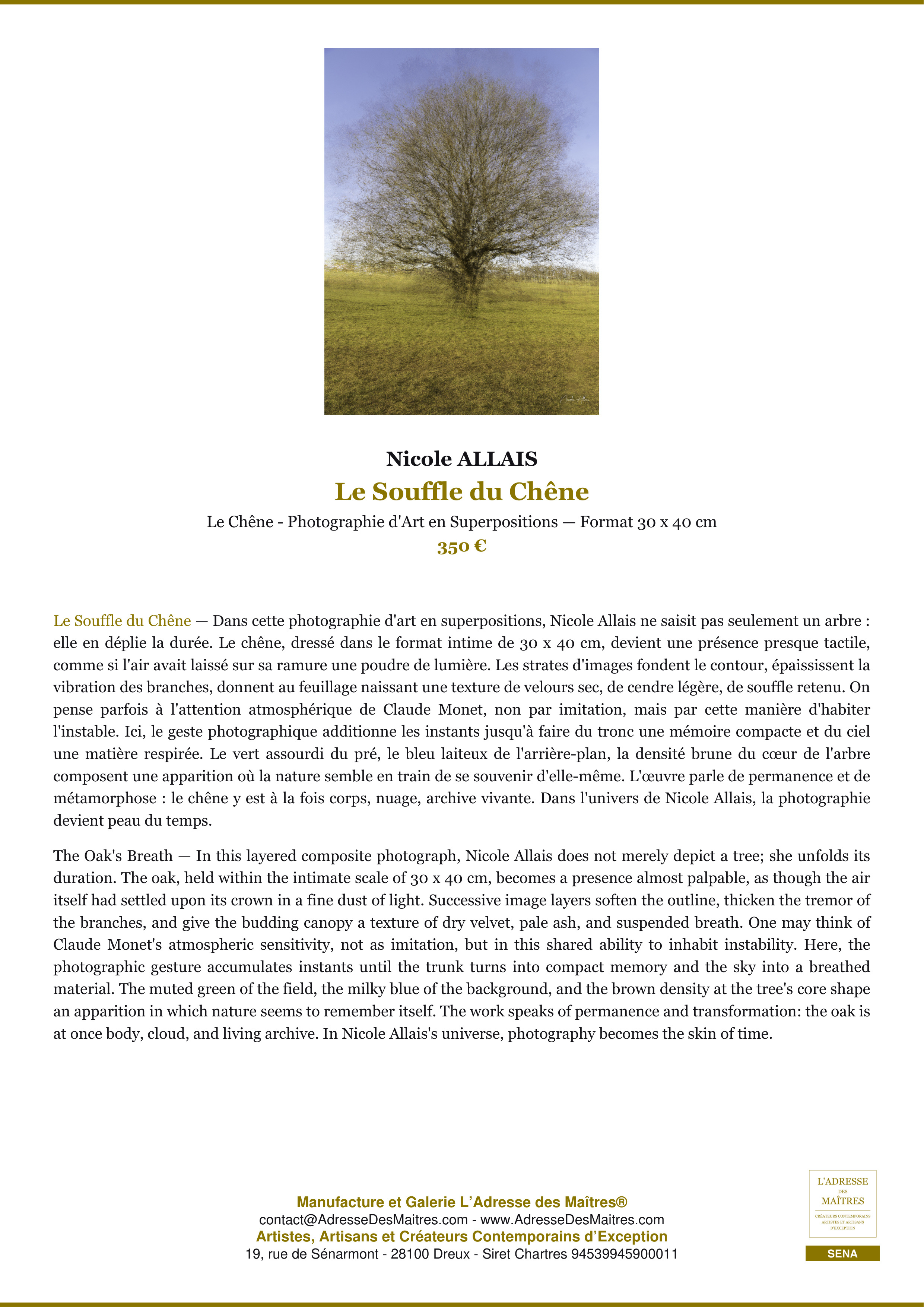 Fiche Premium — Le Souffle du Chêne — Nicole ALLAIS — L'Adresse des Maîtres®