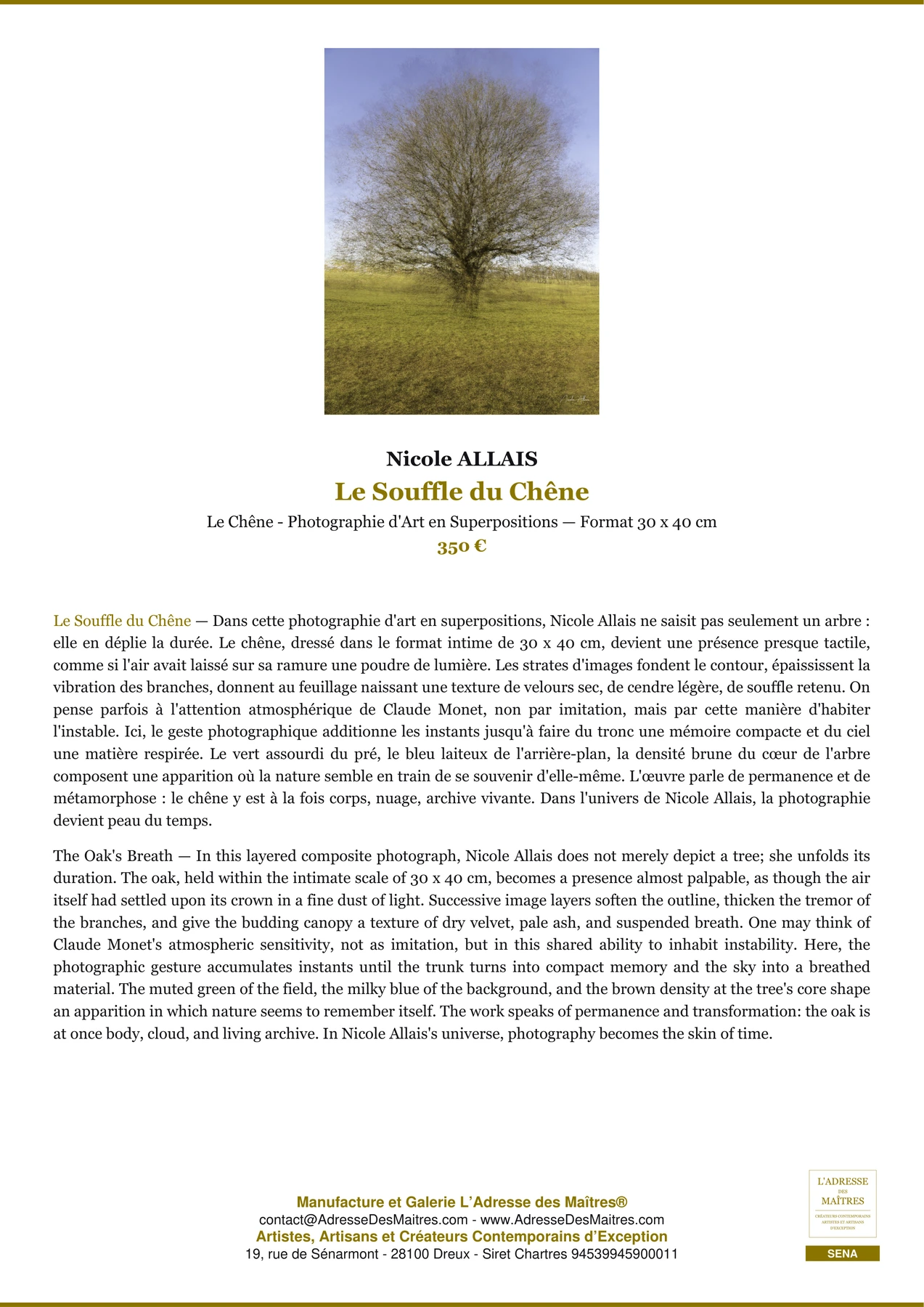 Fiche Premium - Le Souffle du Chêne - Nicole ALLAIS - L'Adresse des Maîtres®