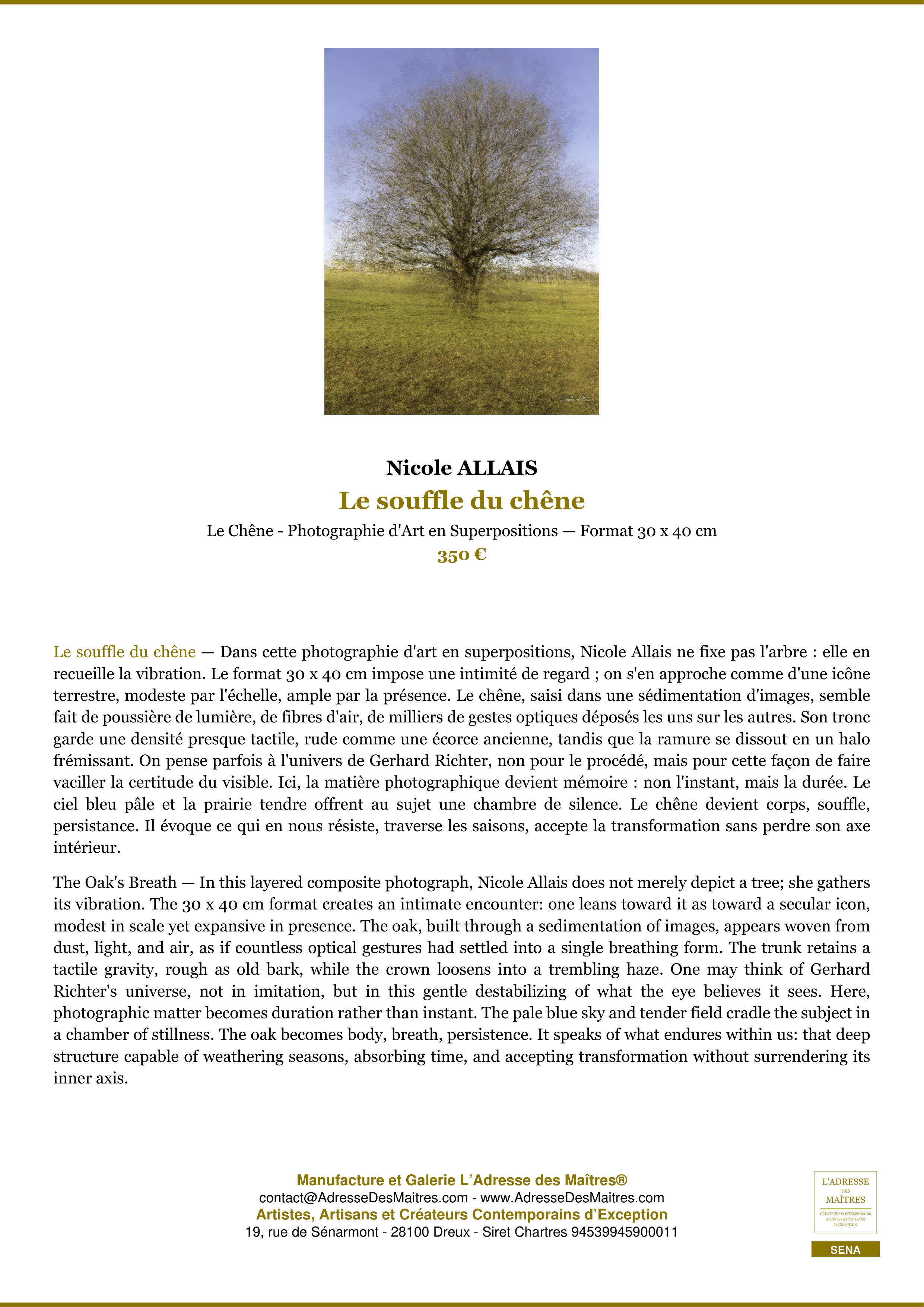 Fiche Premium — Le souffle du chêne — Nicole ALLAIS — L'Adresse des Maîtres®