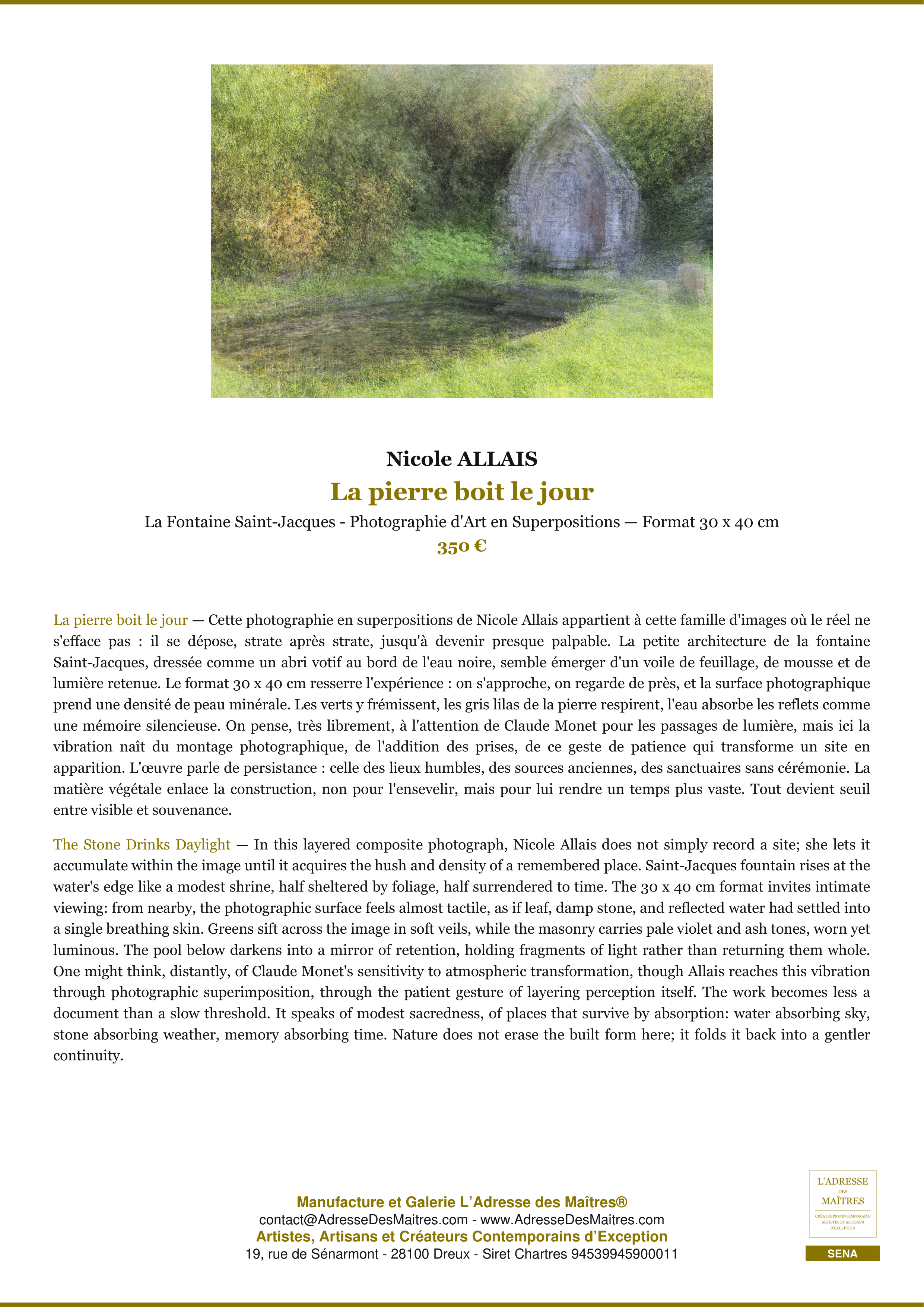 Fiche Premium — La pierre boit le jour — Nicole ALLAIS — L'Adresse des Maîtres®