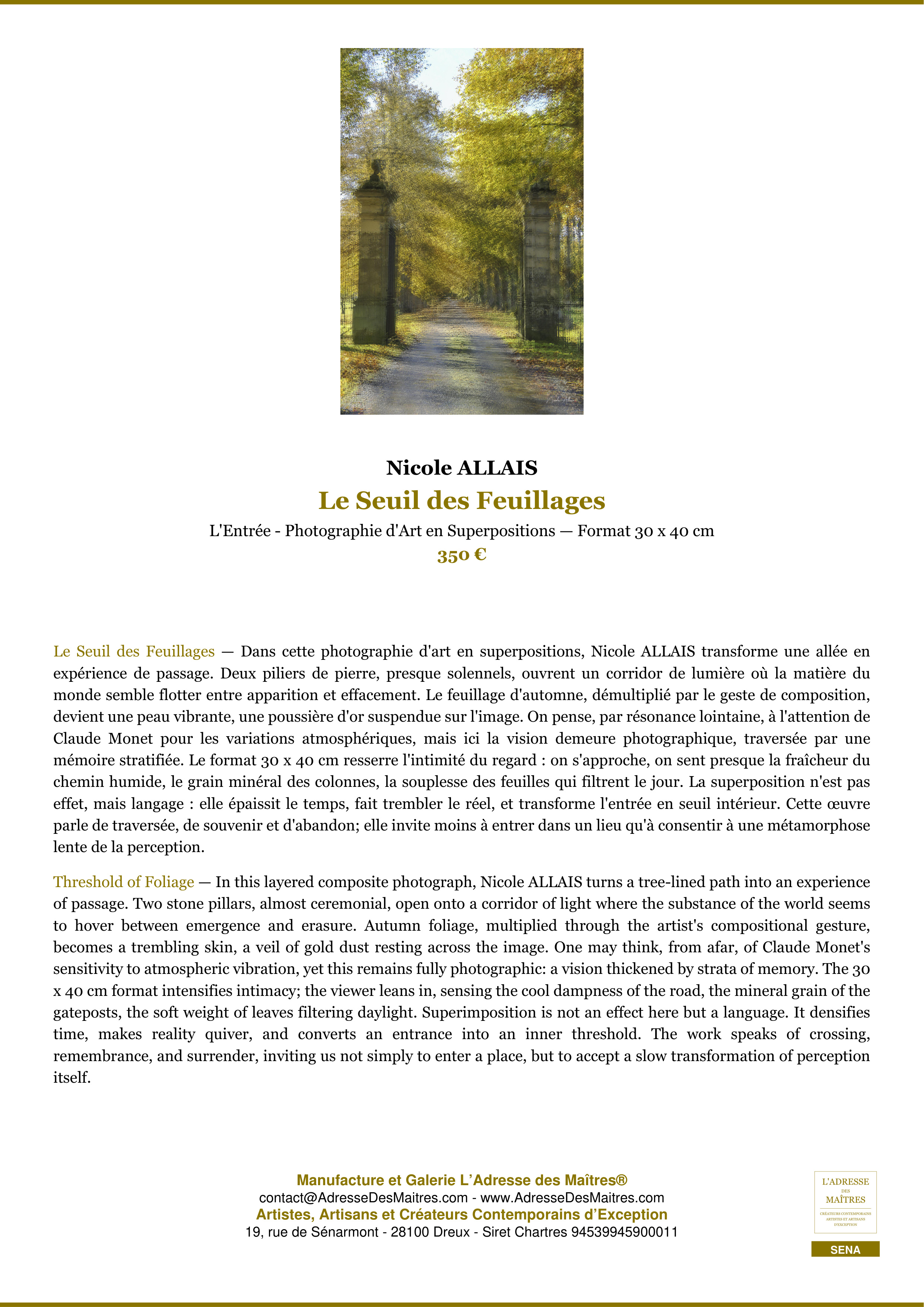 Fiche Premium — Le Seuil des Feuillages — Nicole ALLAIS — L'Adresse des Maîtres®