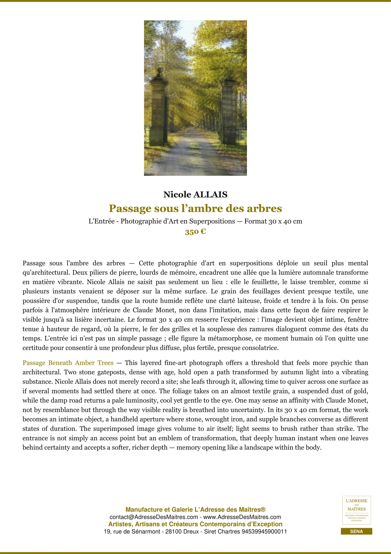 Fiche Premium — Passage sous l’ambre des arbres — Nicole ALLAIS — L'Adresse des Maîtres®