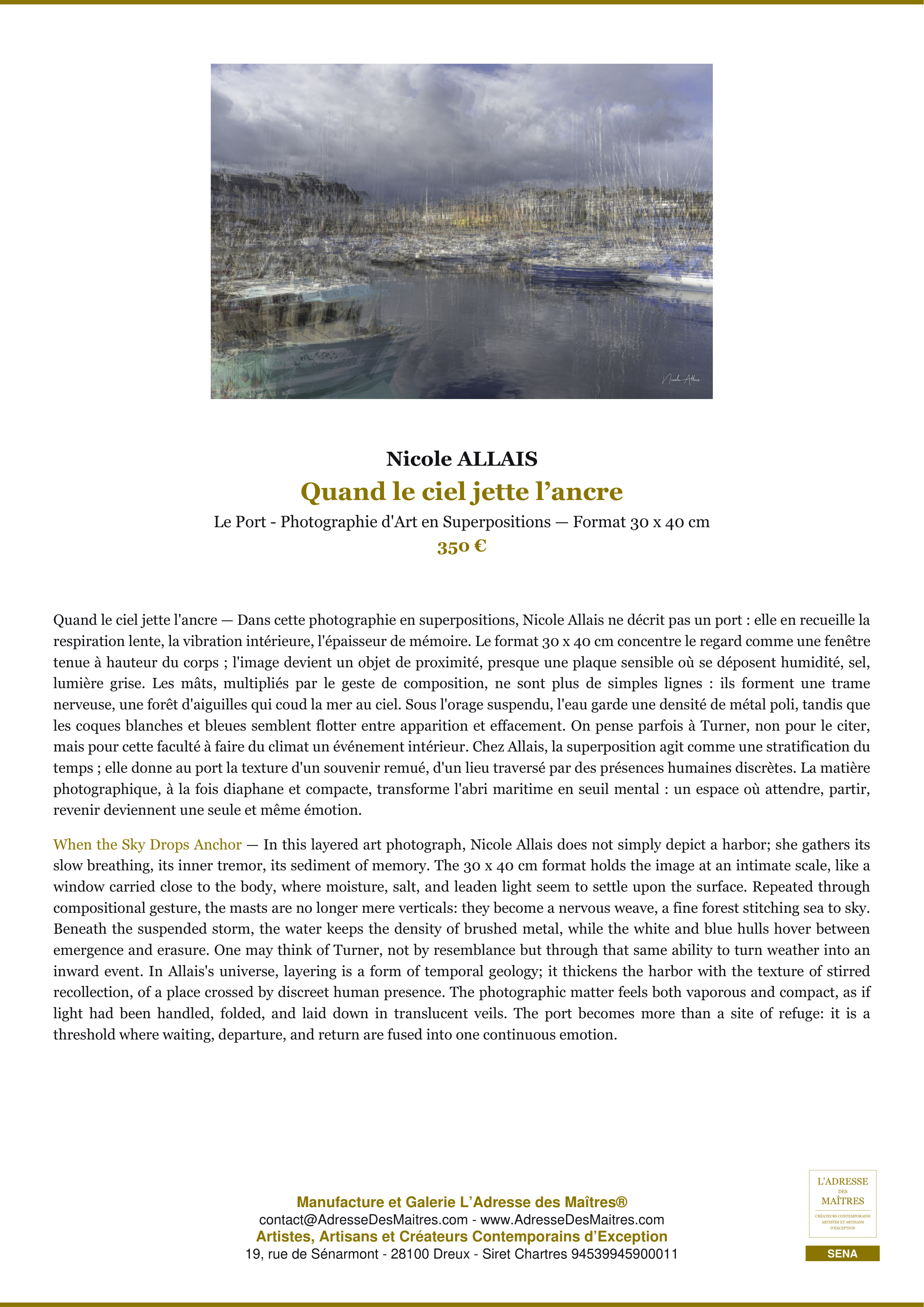 Fiche Premium — Quand le ciel jette l’ancre — Nicole ALLAIS — L'Adresse des Maîtres®