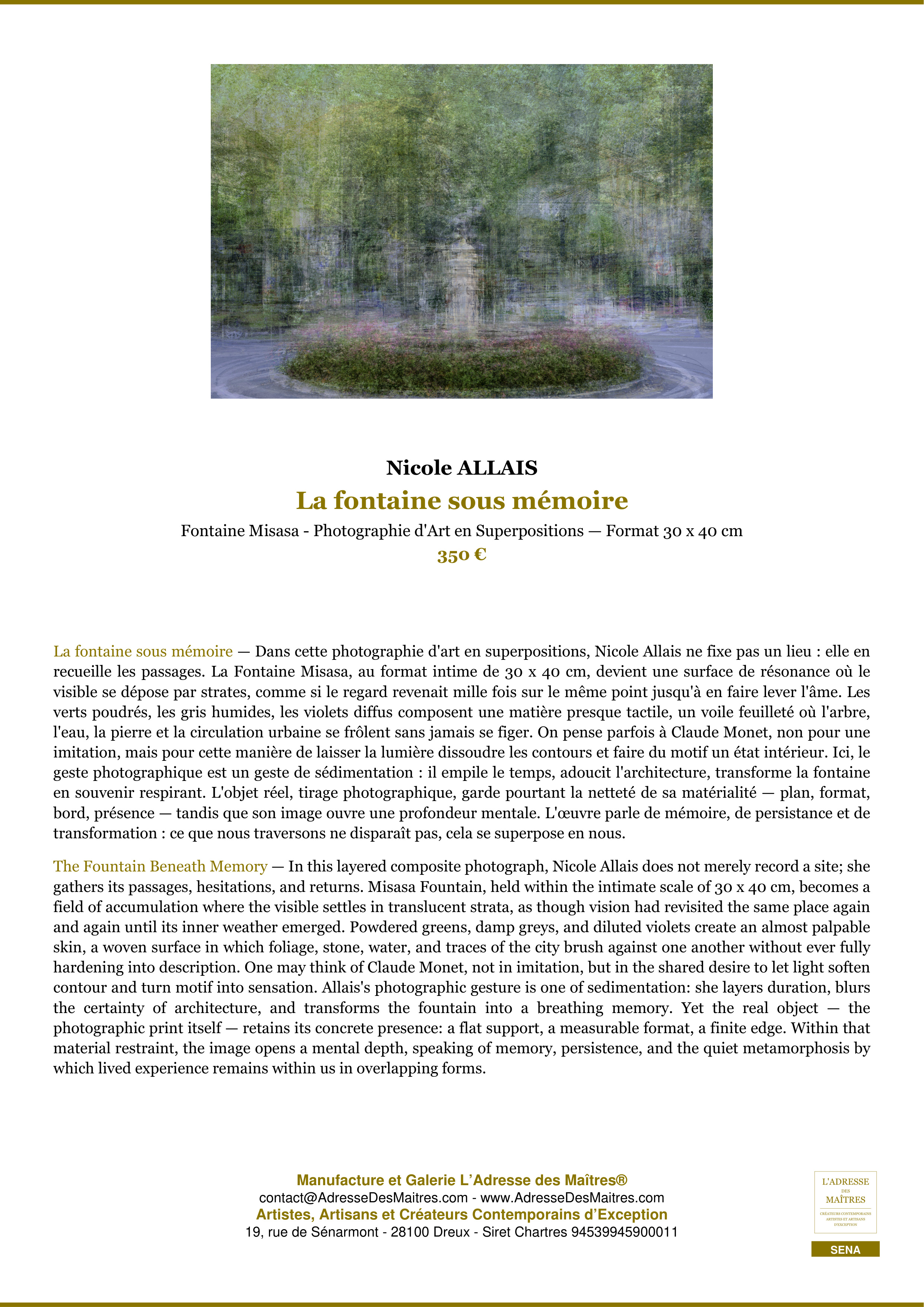 Fiche Premium — La fontaine sous mémoire — Nicole ALLAIS — L'Adresse des Maîtres®