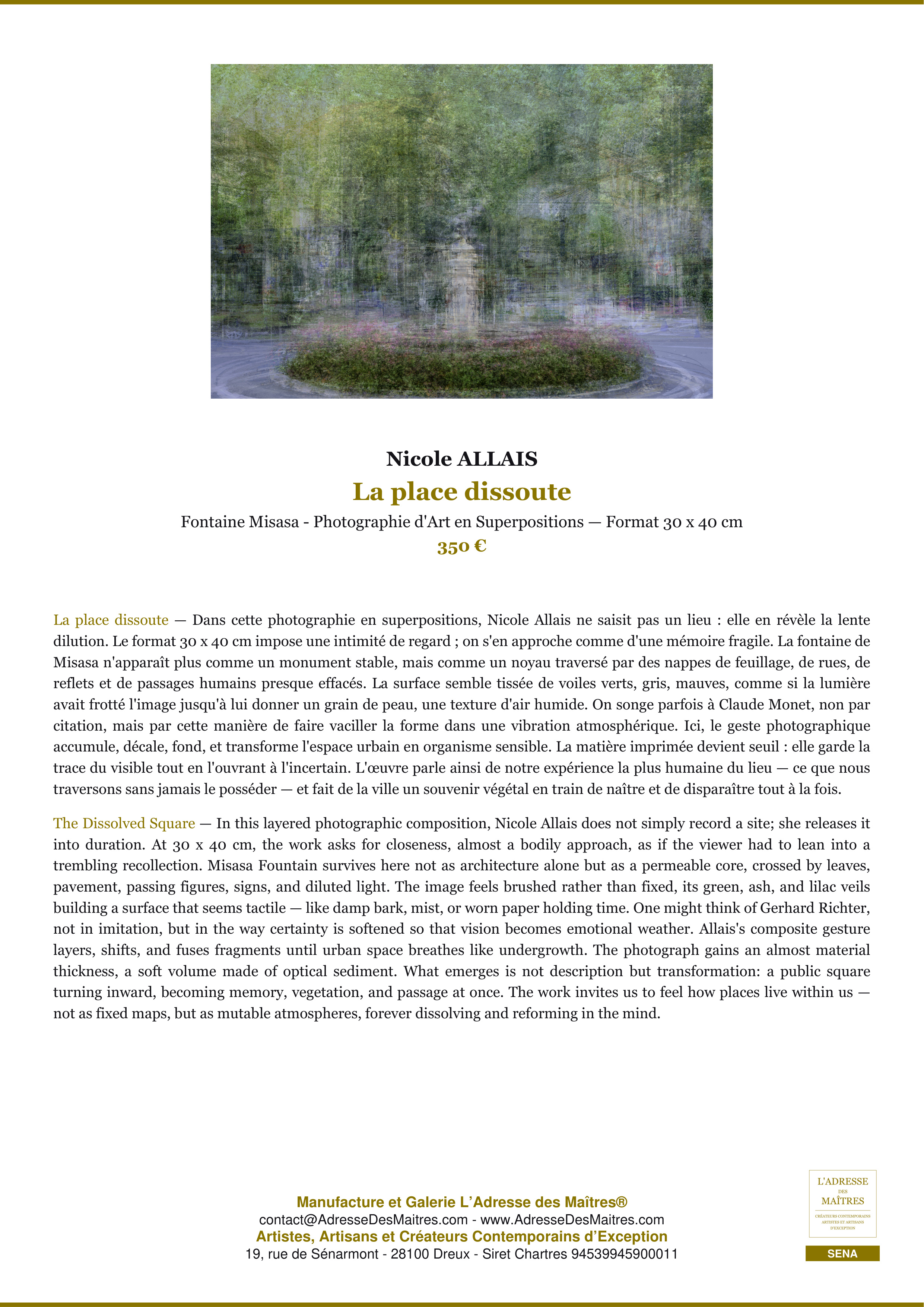 Fiche Premium — La place dissoute — Nicole ALLAIS — L'Adresse des Maîtres®