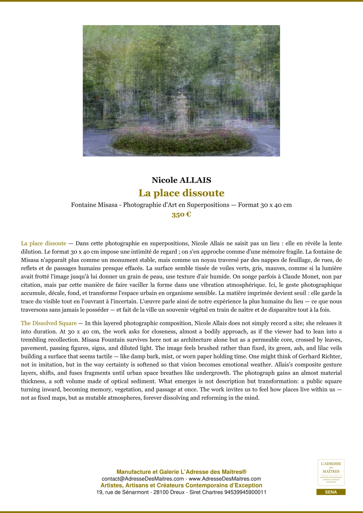 Fiche Premium — La place dissoute — Nicole ALLAIS — L'Adresse des Maîtres®