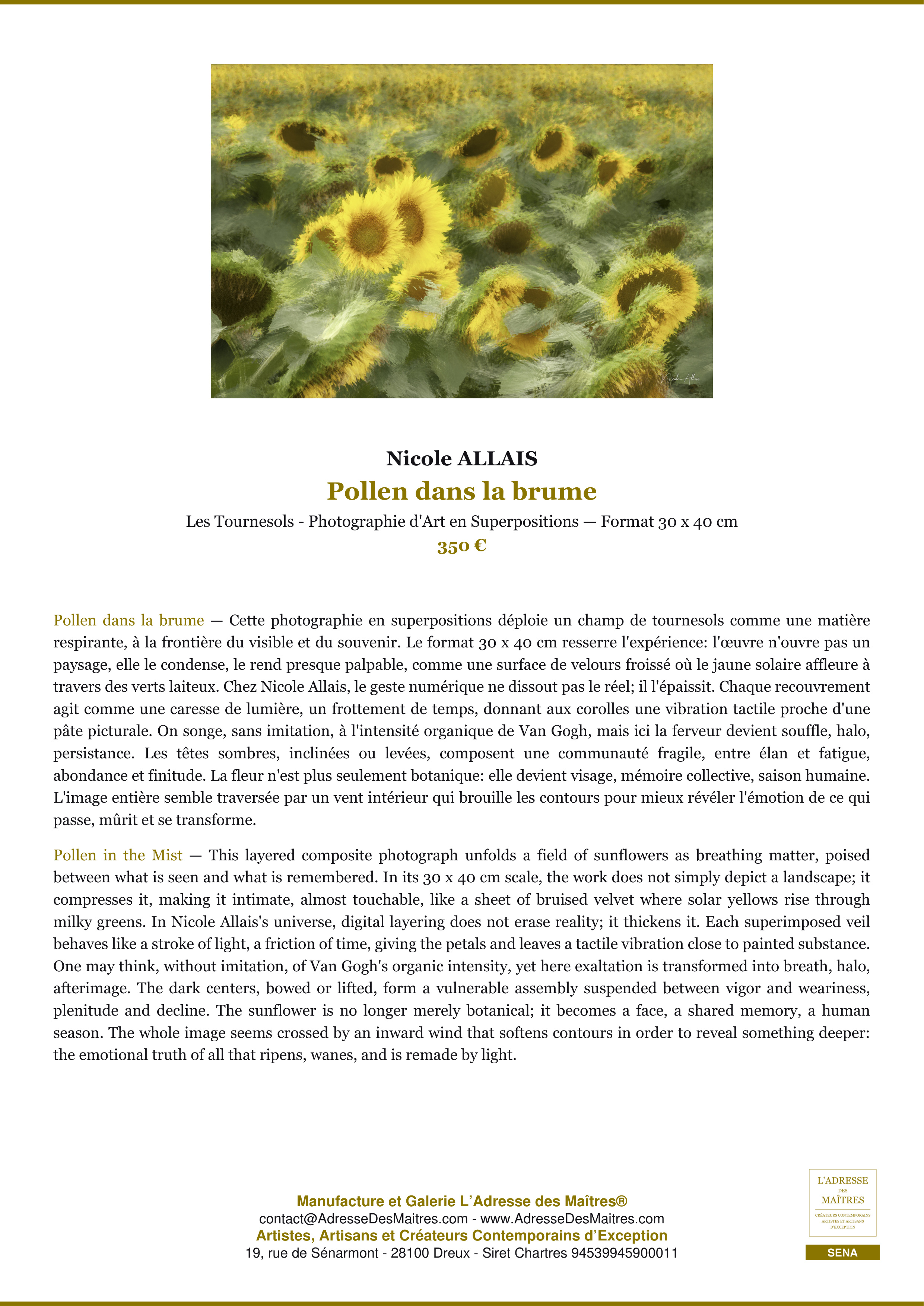 Fiche Premium — Pollen dans la brume — Nicole ALLAIS — L'Adresse des Maîtres®
