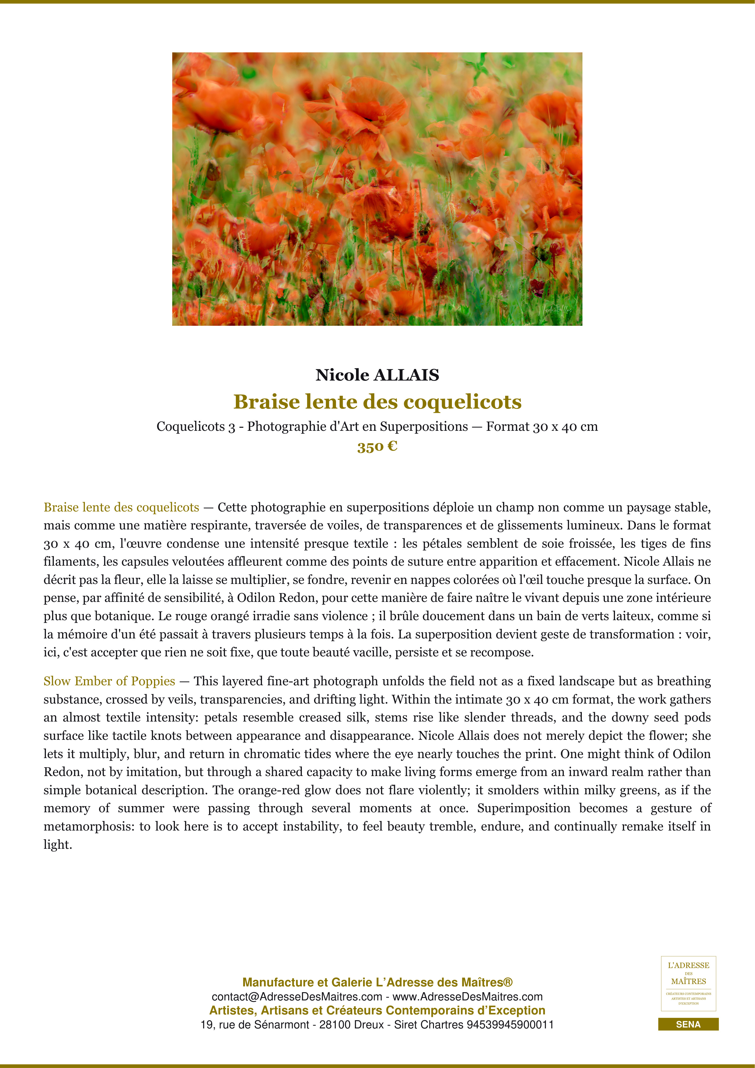 Fiche Premium — Braise lente des coquelicots — Nicole ALLAIS — L'Adresse des Maîtres®