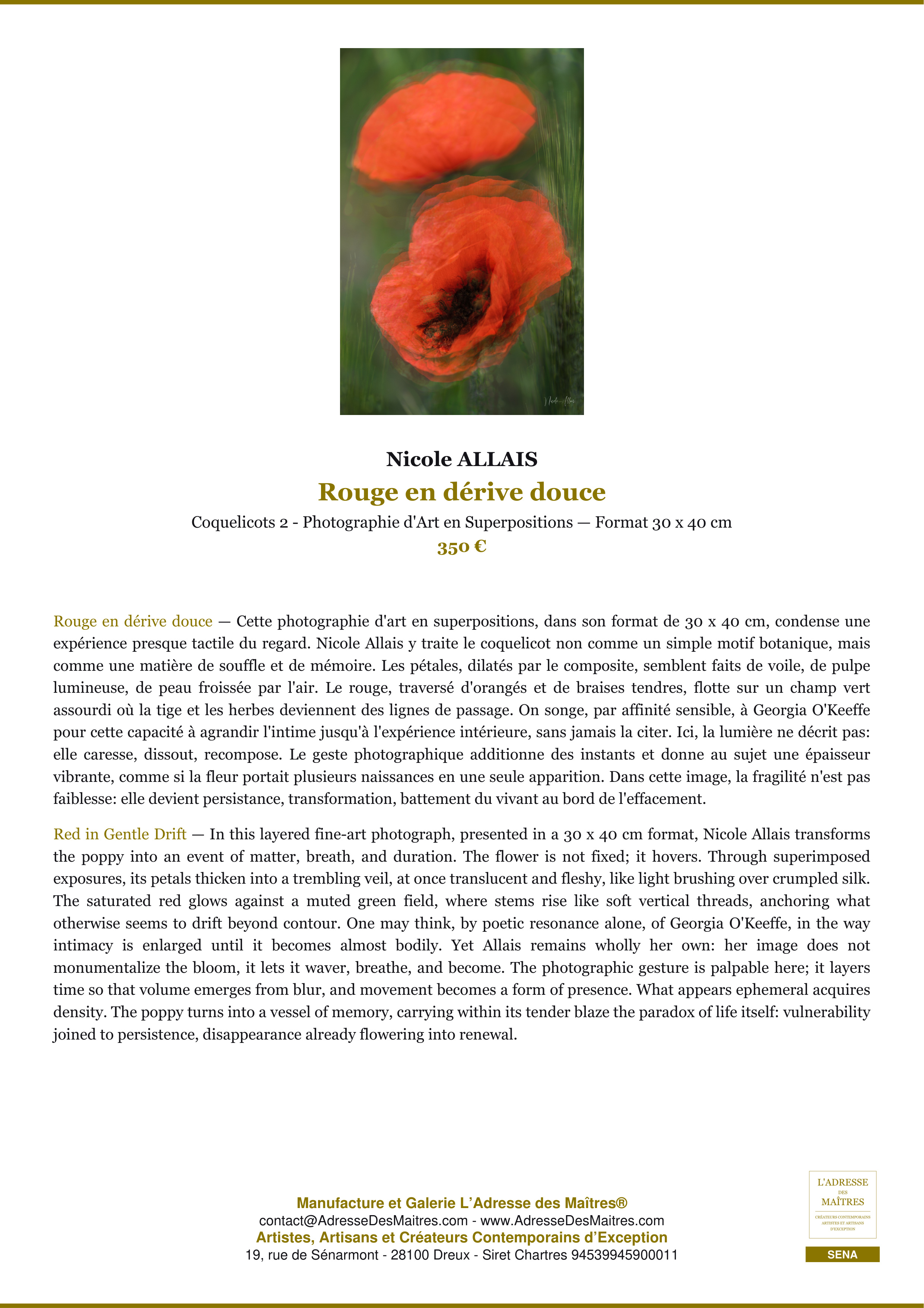 Fiche Premium — Rouge en dérive douce — Nicole ALLAIS — L'Adresse des Maîtres®