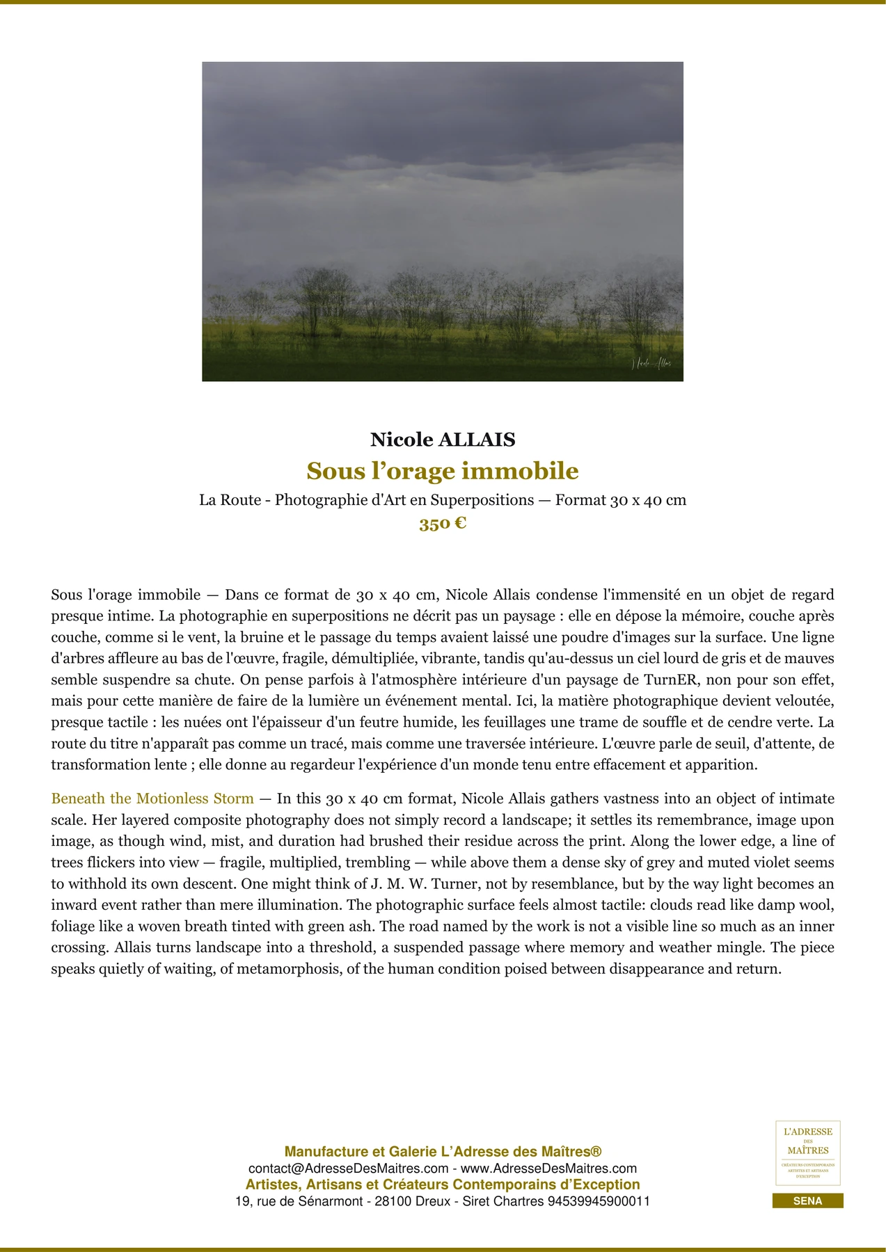 Fiche Premium — Sous l’orage immobile — Nicole ALLAIS — L'Adresse des Maîtres®
