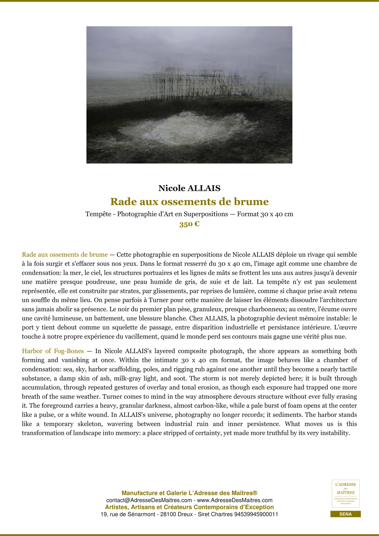 Fiche Premium — Rade aux ossements de brume — Nicole ALLAIS — L'Adresse des Maîtres®