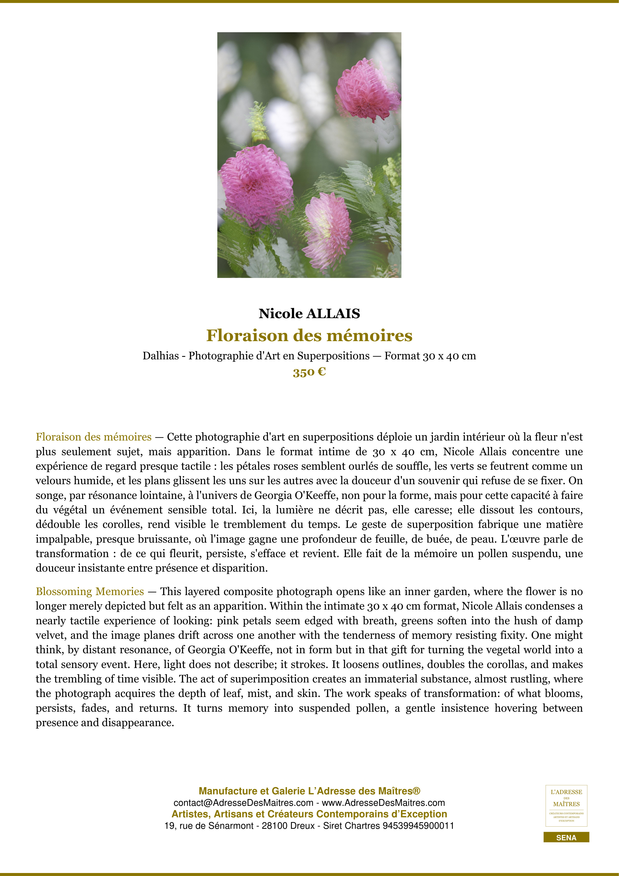 Fiche Premium — Floraison des mémoires — Nicole ALLAIS — L'Adresse des Maîtres®