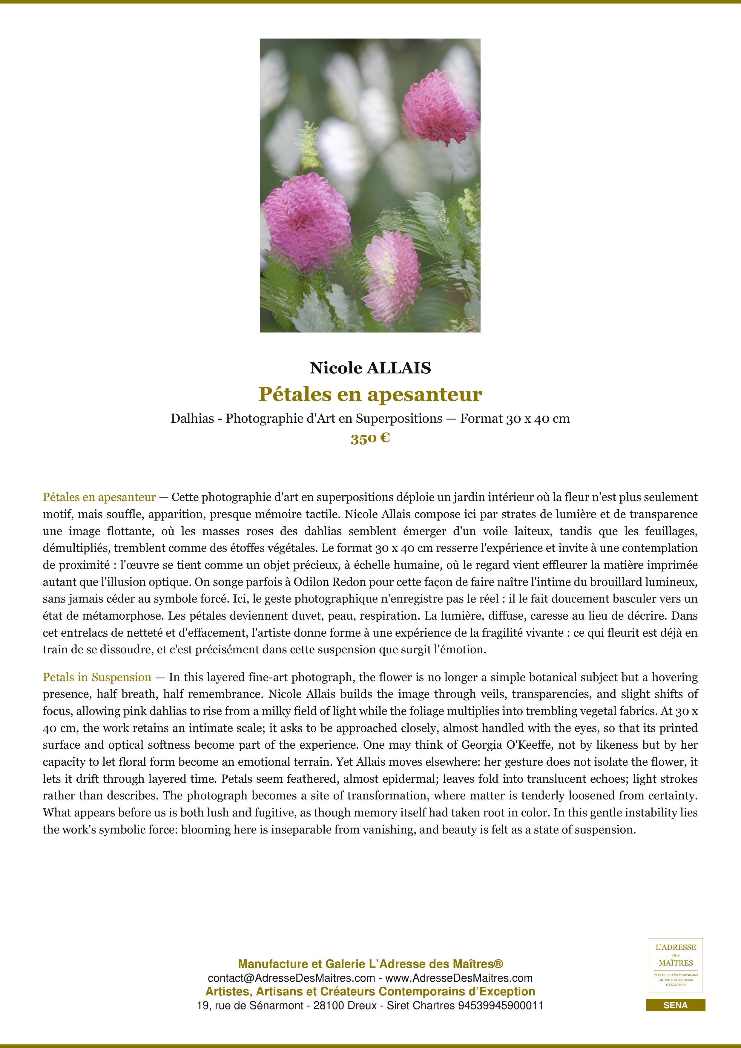Fiche Premium — Pétales en apesanteur — Nicole ALLAIS — L'Adresse des Maîtres®