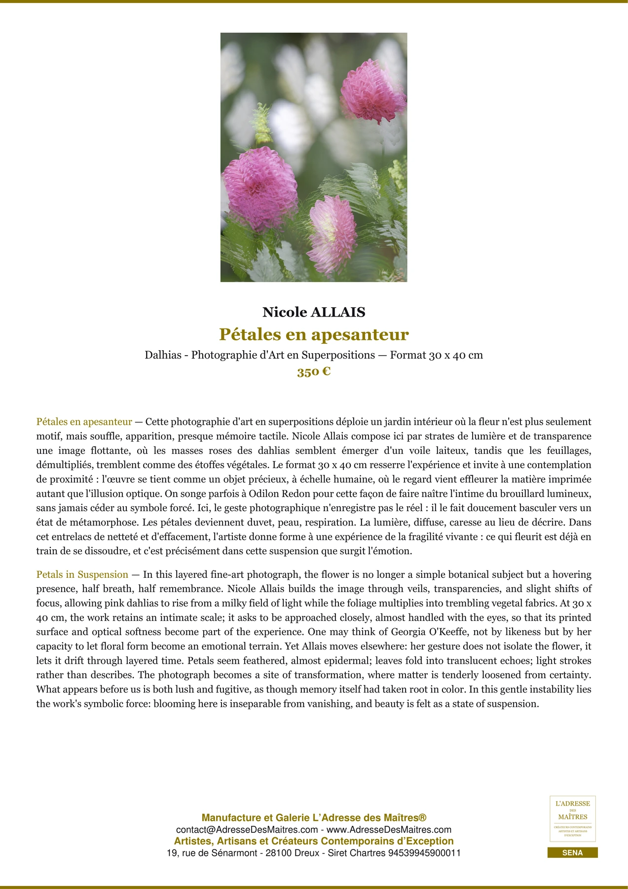 Fiche Premium — Pétales en apesanteur — Nicole ALLAIS — L'Adresse des Maîtres®