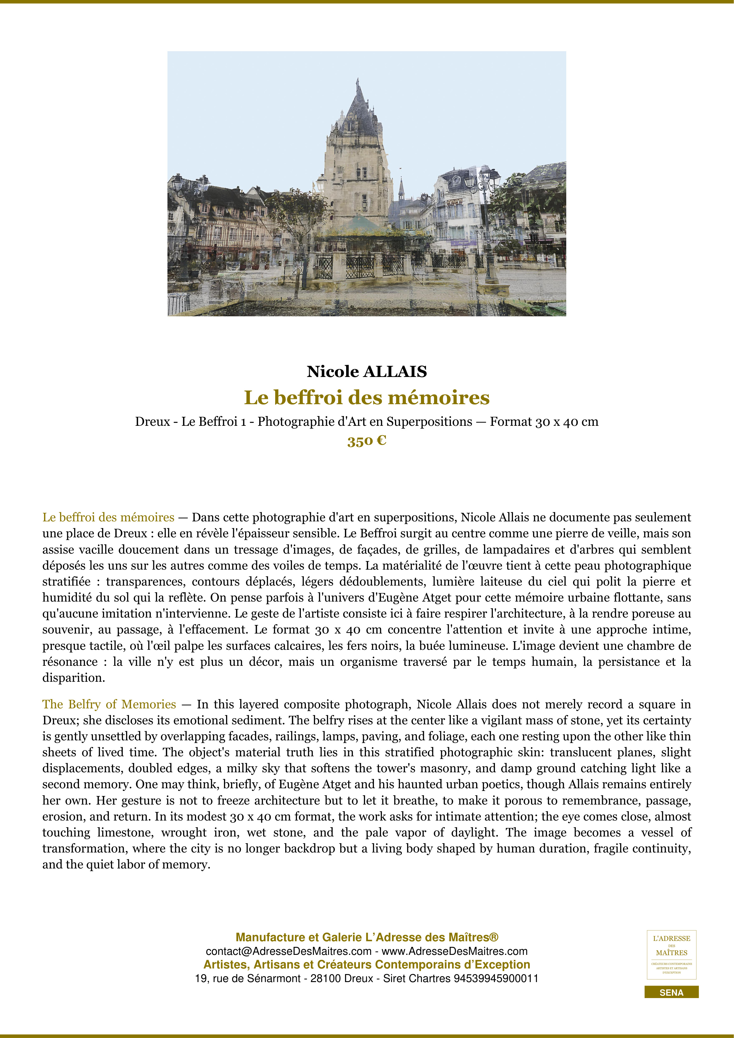 Fiche Premium — Le beffroi des mémoires — Nicole ALLAIS — L'Adresse des Maîtres®