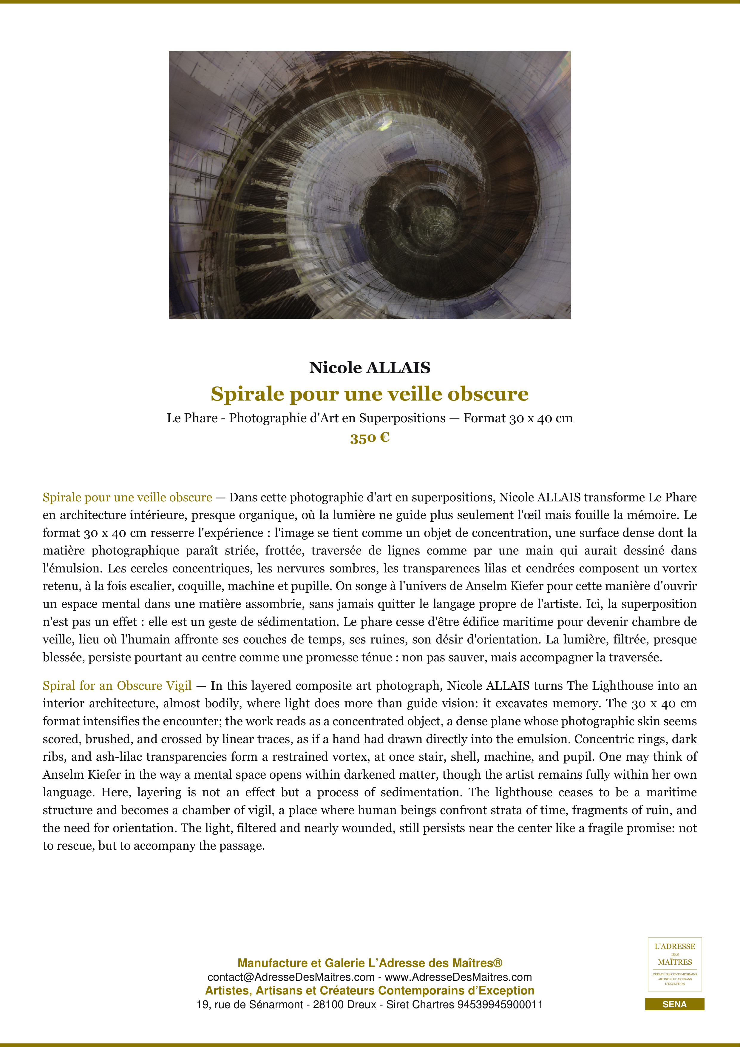 Fiche Premium — Spirale pour une veille obscure — Nicole ALLAIS — L'Adresse des Maîtres®