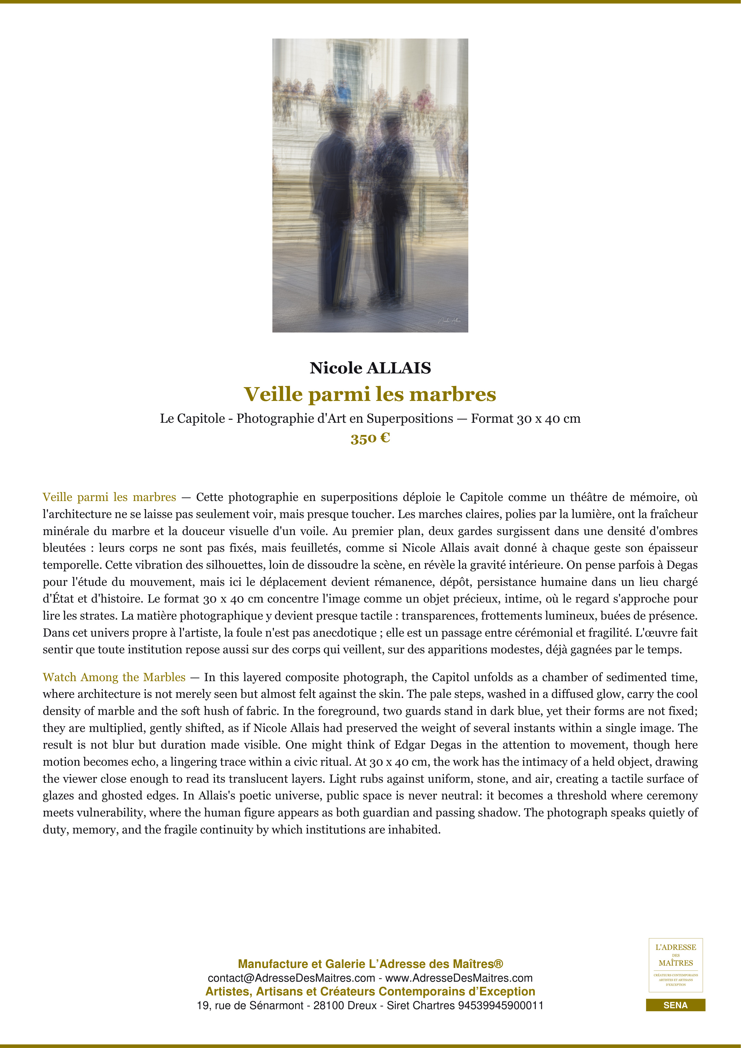 Fiche Premium — Veille parmi les marbres — Nicole ALLAIS — L'Adresse des Maîtres®