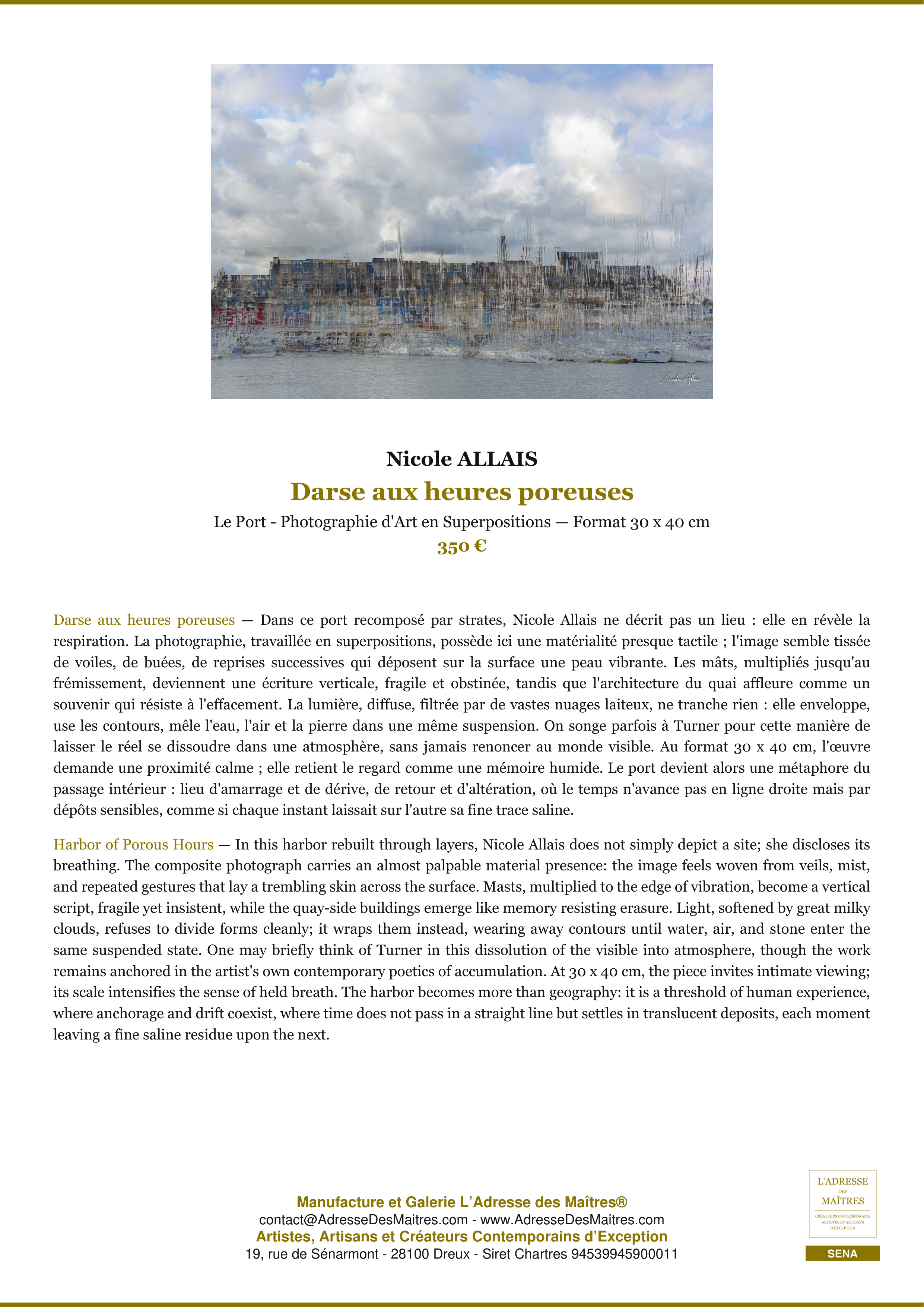 Fiche Premium — Darse aux heures poreuses — Nicole ALLAIS — L'Adresse des Maîtres®