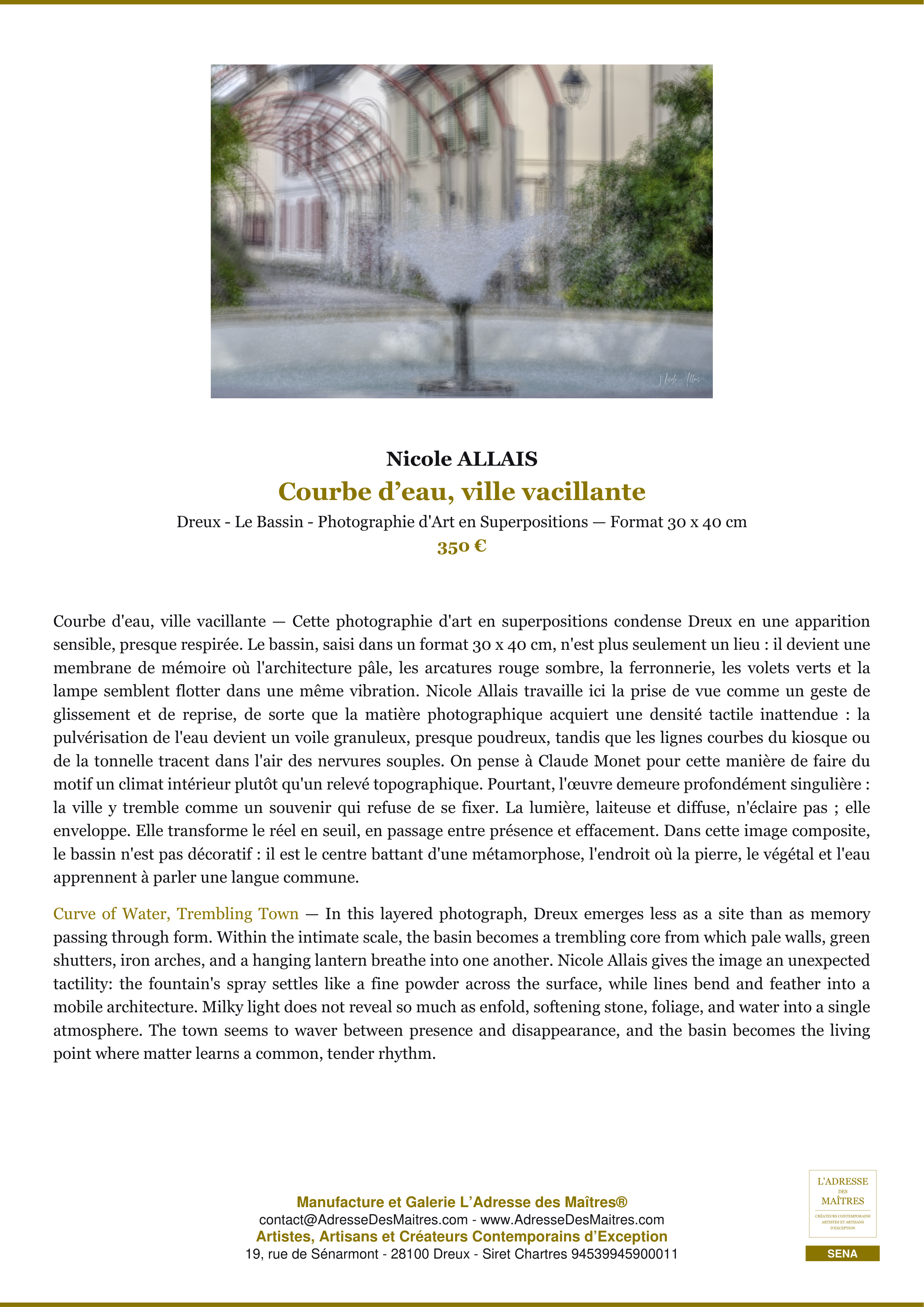 Fiche Premium — Courbe d’eau, ville vacillante — Nicole ALLAIS — L'Adresse des Maîtres®