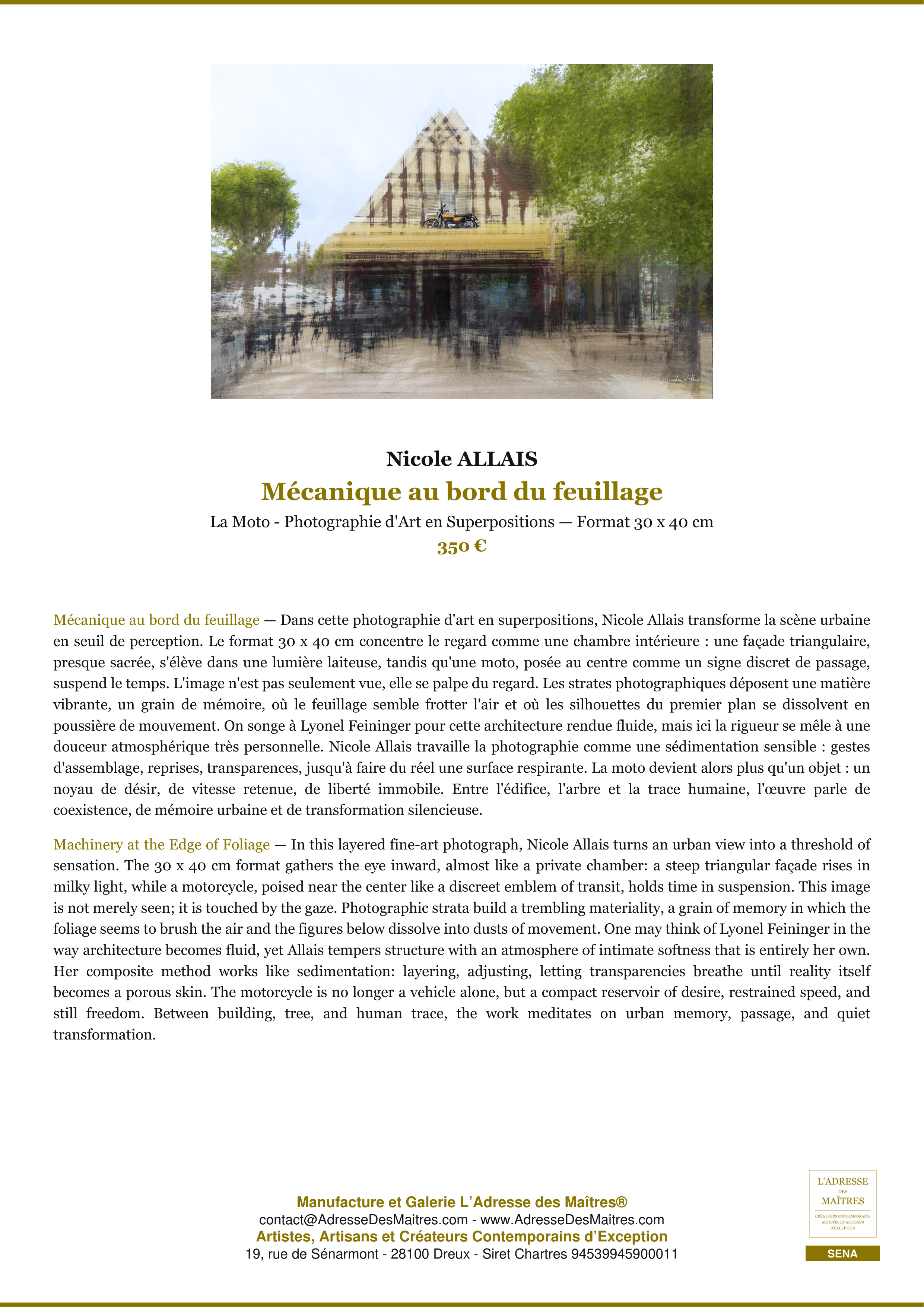 Fiche Premium — Mécanique au bord du feuillage — Nicole ALLAIS — L'Adresse des Maîtres®