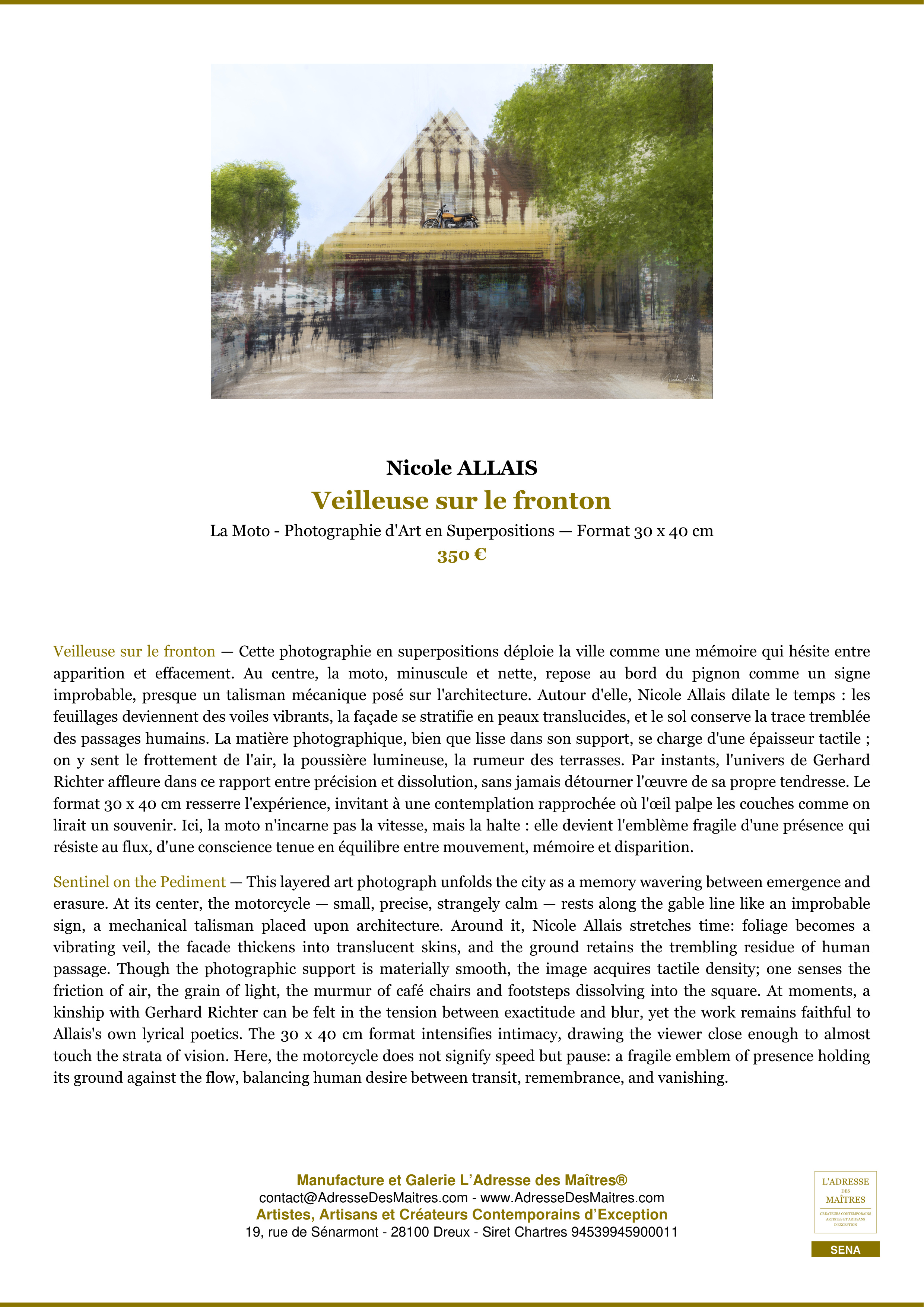 Fiche Premium — Veilleuse sur le fronton — Nicole ALLAIS — L'Adresse des Maîtres®