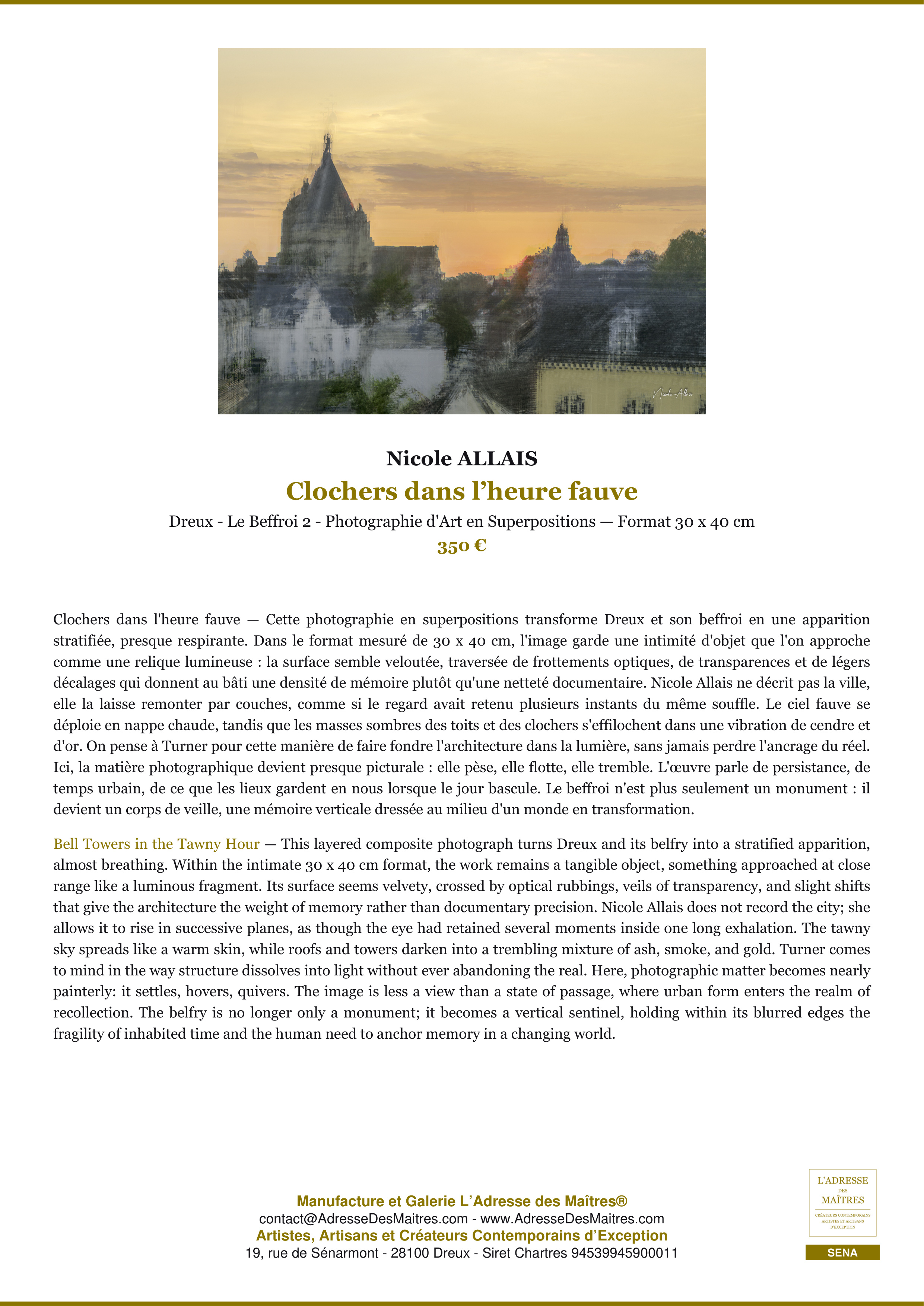 Fiche Premium — Clochers dans l’heure fauve — Nicole ALLAIS — L'Adresse des Maîtres®