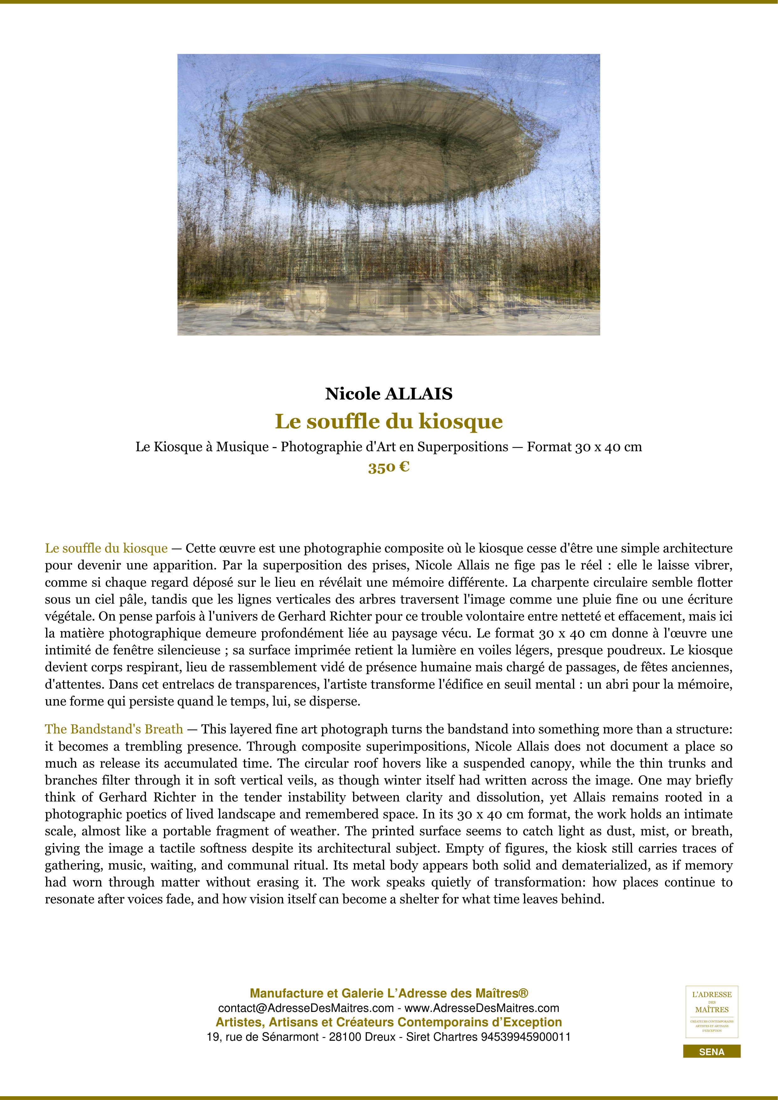 Fiche Premium — Le souffle du kiosque — Nicole ALLAIS — L'Adresse des Maîtres®