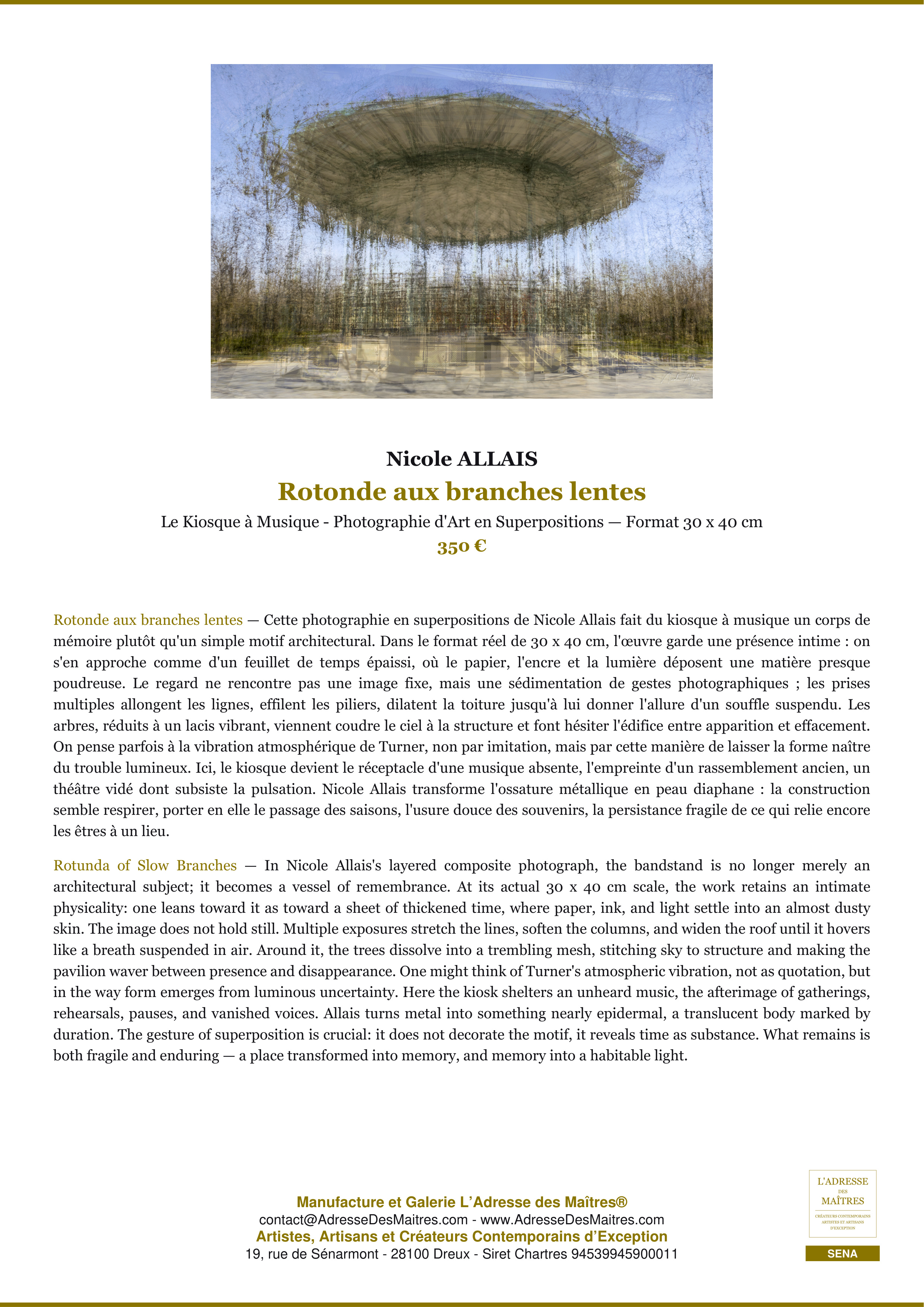 Fiche Premium — Rotonde aux branches lentes — Nicole ALLAIS — L'Adresse des Maîtres®