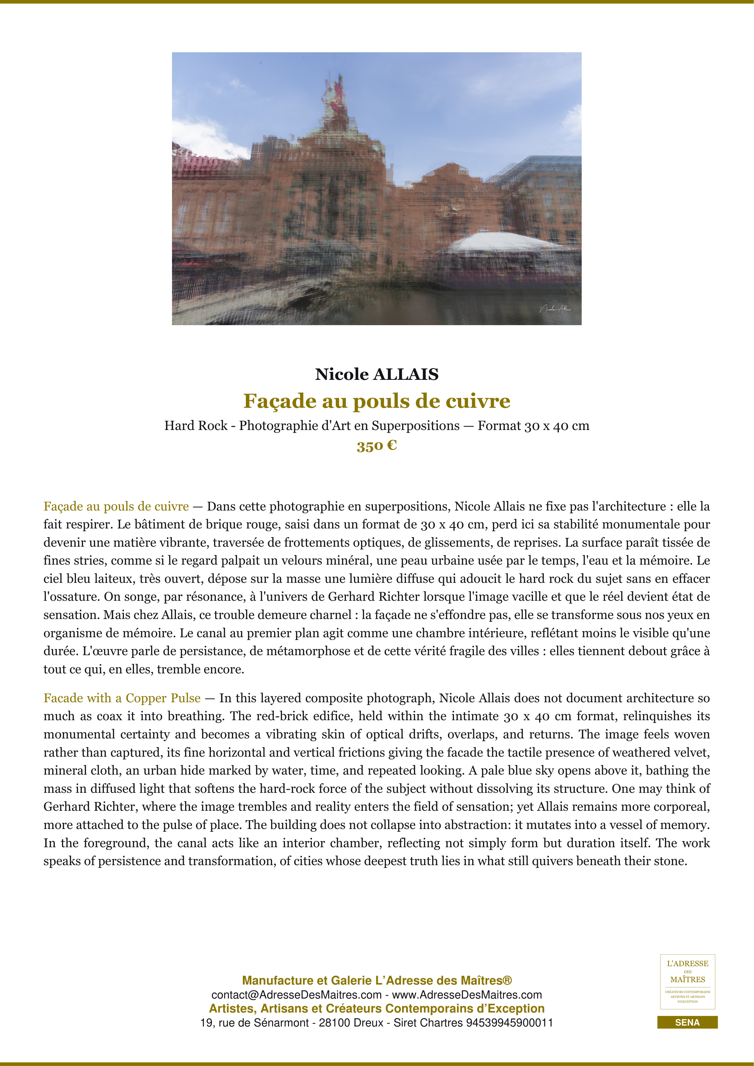Fiche Premium — Façade au pouls de cuivre — Nicole ALLAIS — L'Adresse des Maîtres®