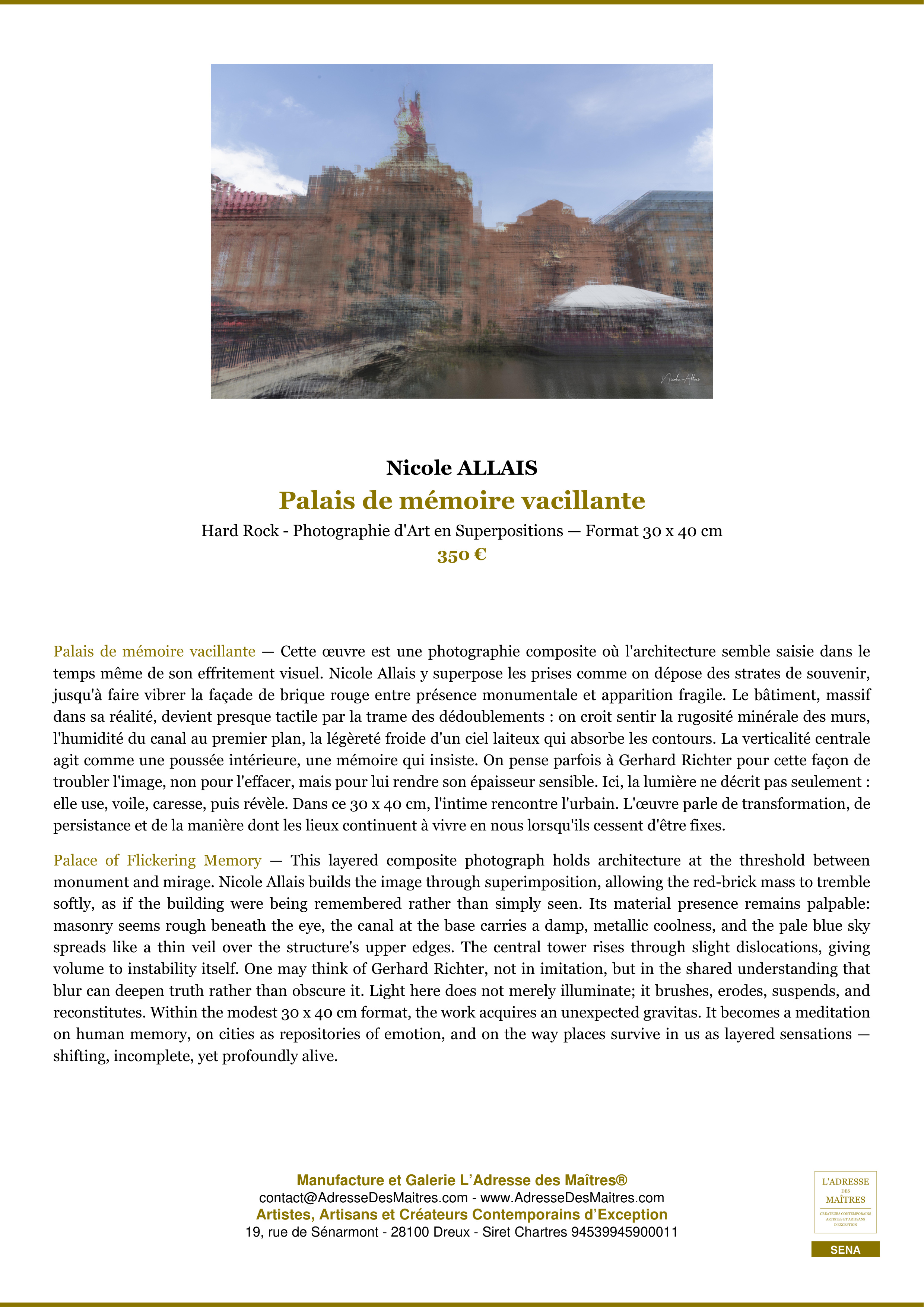 Fiche Premium — Palais de mémoire vacillante — Nicole ALLAIS — L'Adresse des Maîtres®