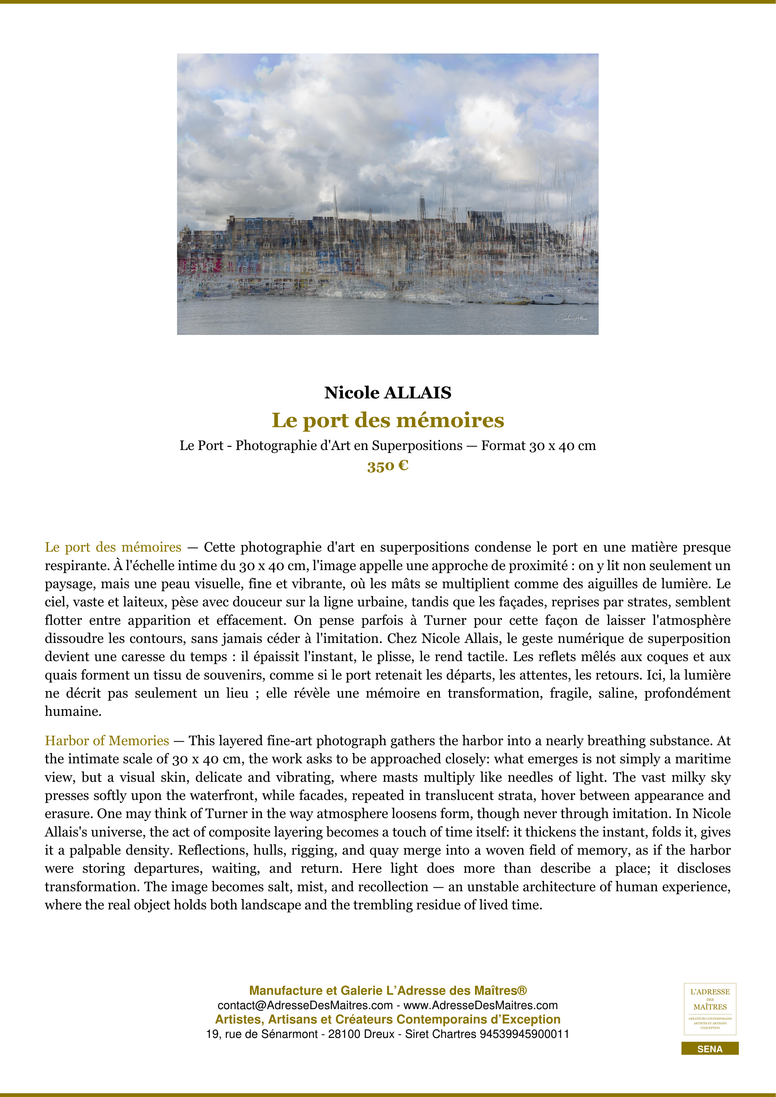 Fiche Premium — Le port des mémoires — Nicole ALLAIS — L'Adresse des Maîtres®