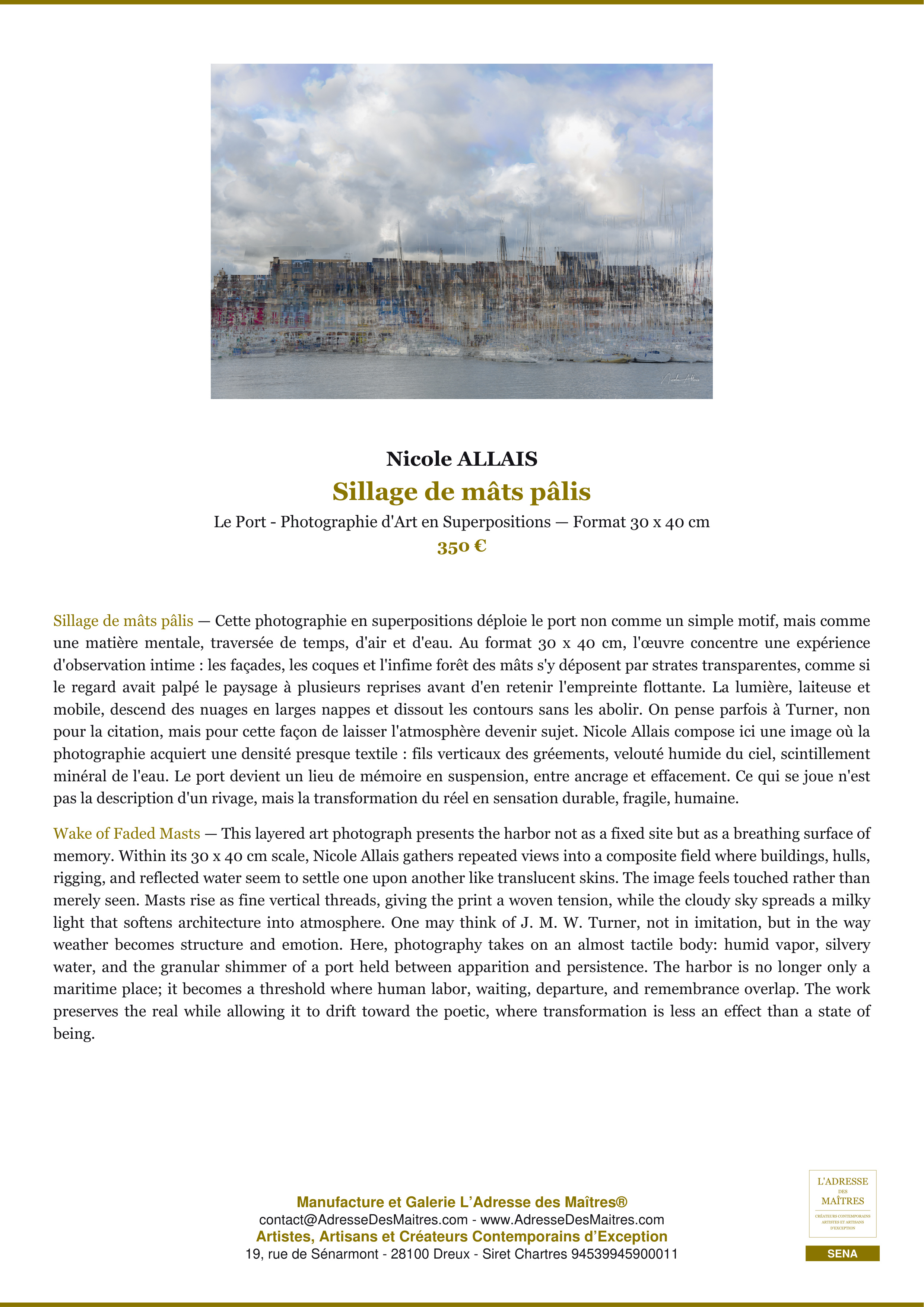 Fiche Premium — Sillage de mâts pâlis — Nicole ALLAIS — L'Adresse des Maîtres®