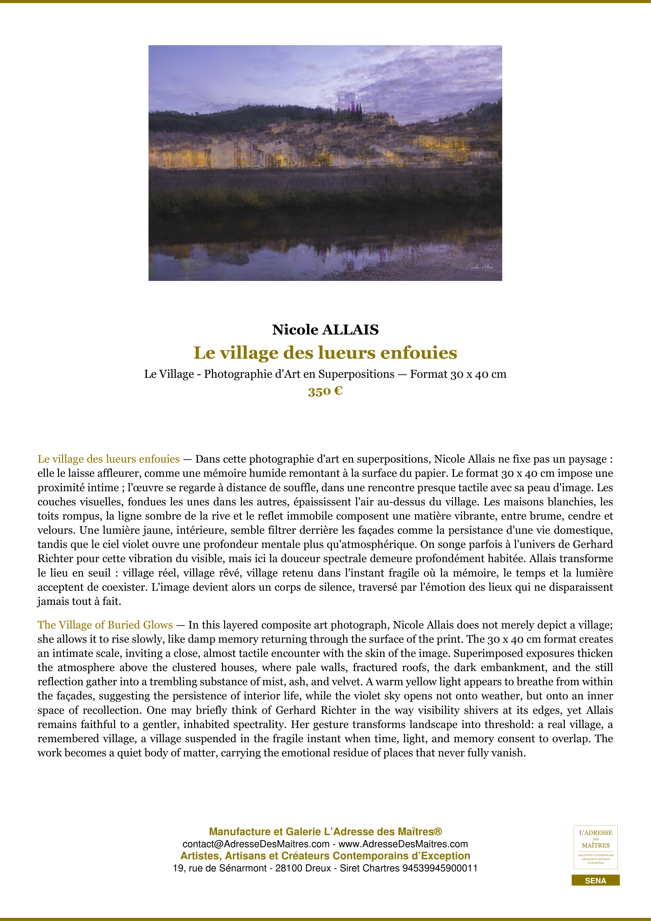 Fiche Premium — Le village des lueurs enfouies — Nicole ALLAIS — L'Adresse des Maîtres®