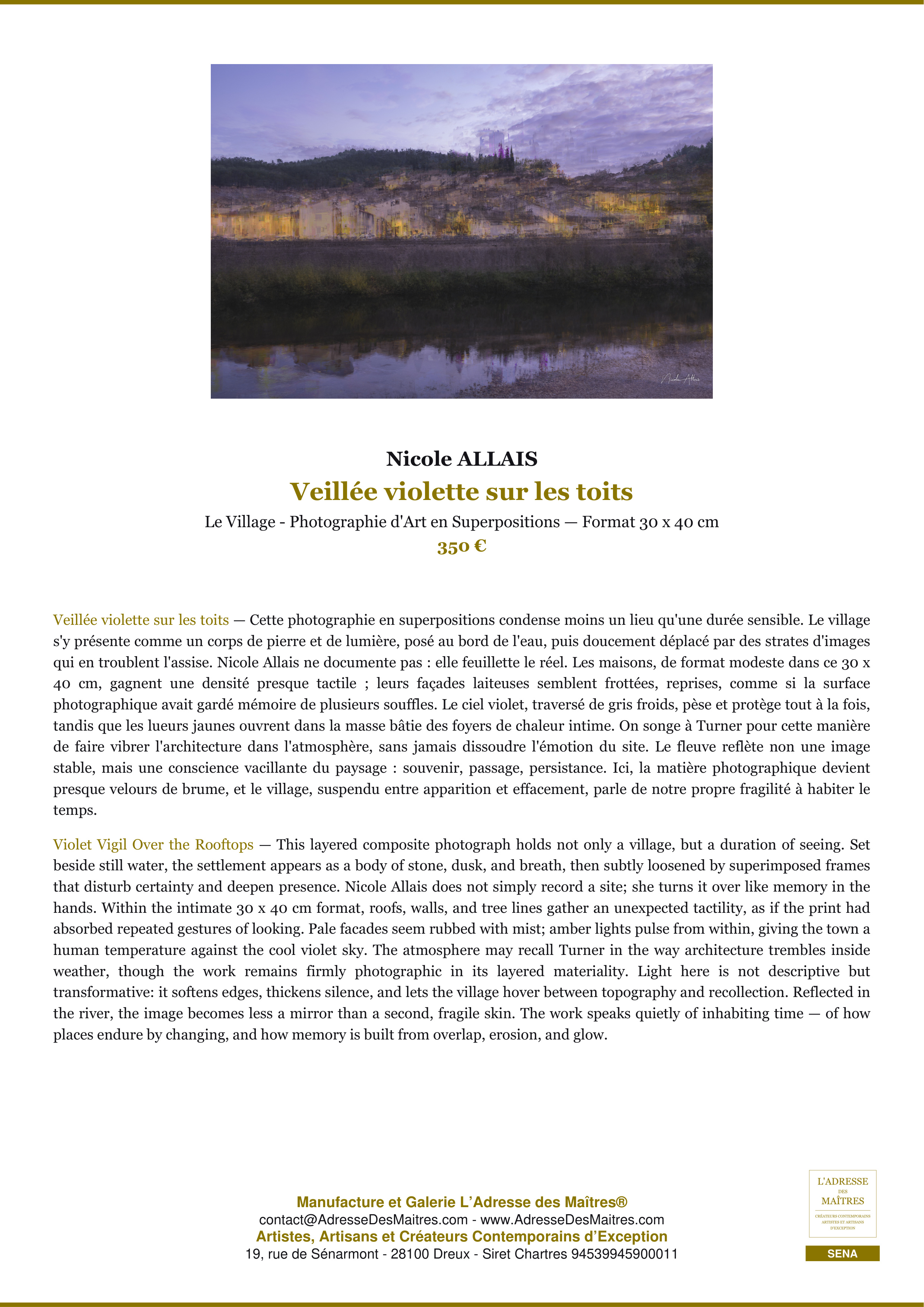 Fiche Premium — Veillée violette sur les toits — Nicole ALLAIS — L'Adresse des Maîtres®